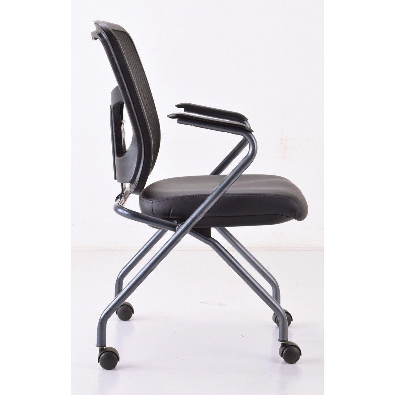 OfficeSource CoolMesh Collection Nesting Chair with Titanium Gray Frame - Black Antimicrobial PU Leather