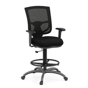 OfficeSource CoolMesh Pro Collection Mesh Back Task Stool with Adjustable Arms, Upholstered Seat, Footring and Titanium Base - Black Fabric