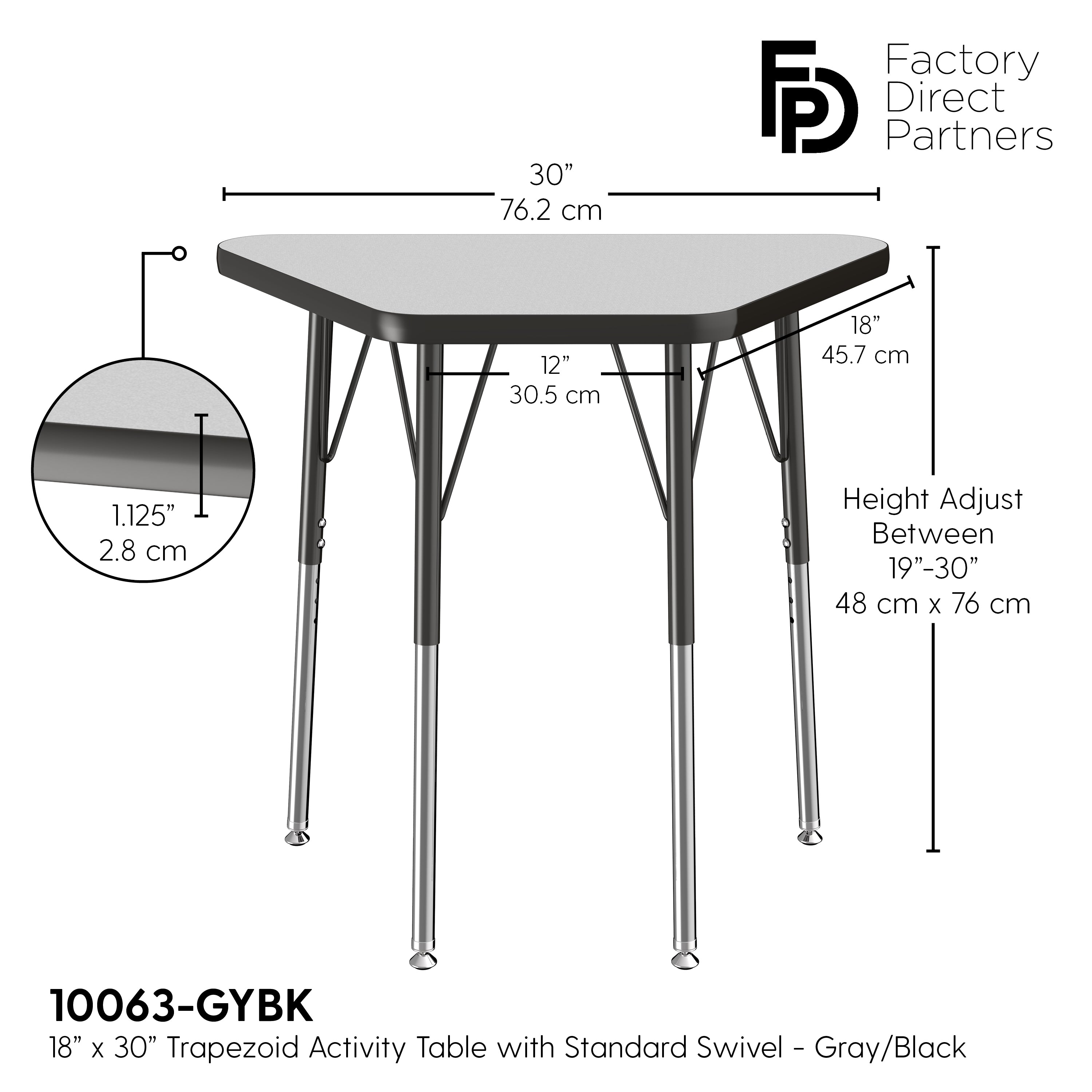 18" x 30" Trapezoid T-Molding Activity Table with Adjustable Standard Swivel Glide Legs - Gray/Black