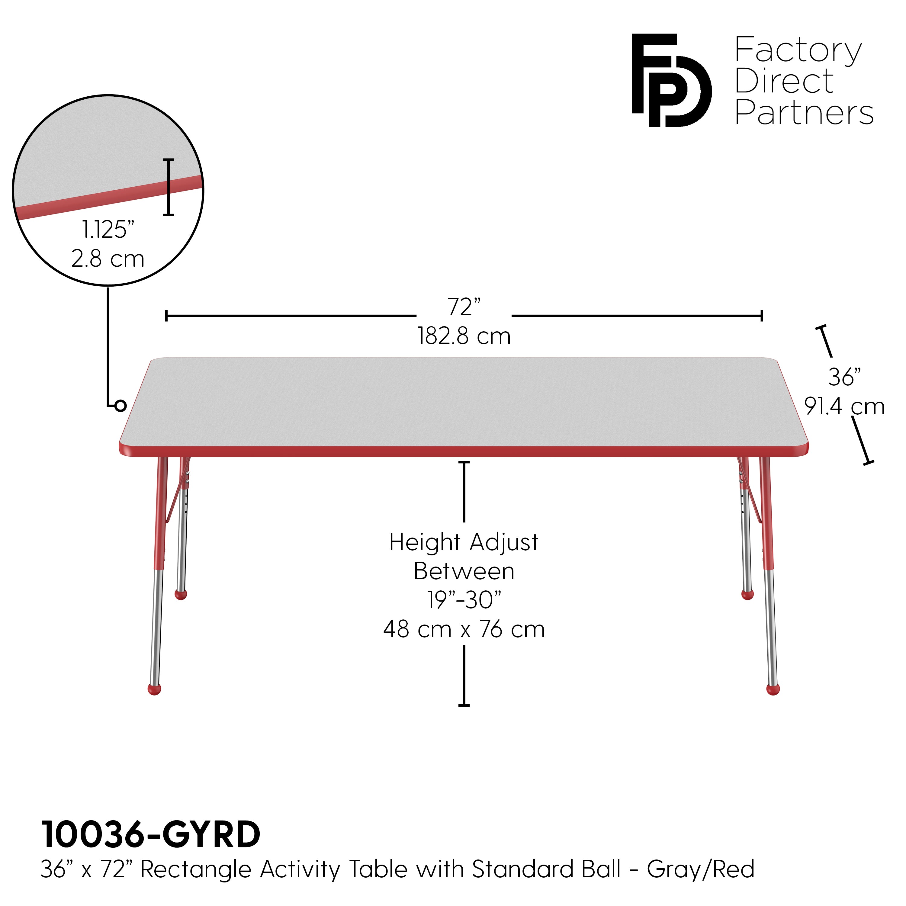 36" x 72" Rectangle T-Molding Activity Table with Adjustable Standard Ball Glide Legs - Gray/Red