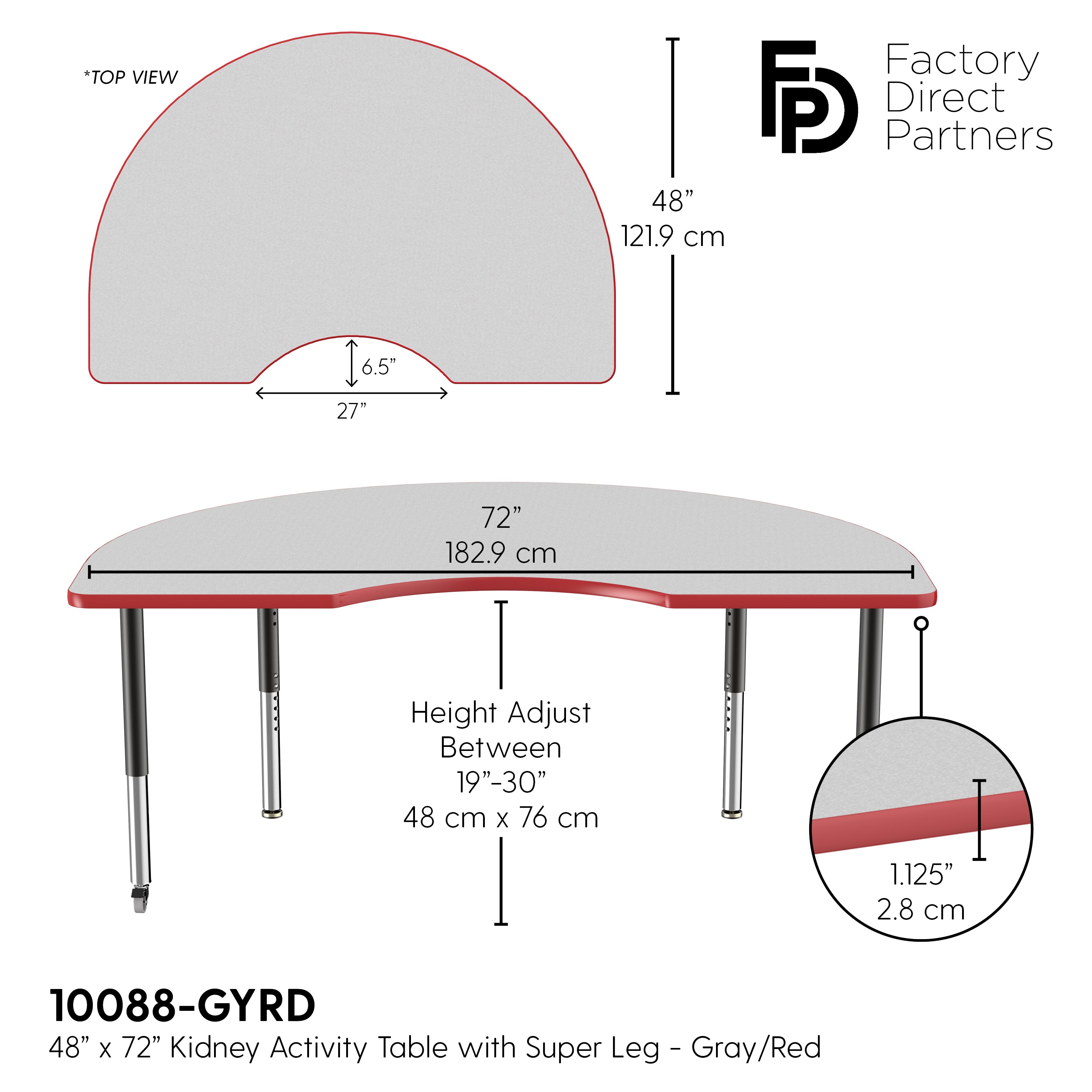 48" x 72" Kidney T-Molding Activity Table with Adjustable Super Legs - Gray/Red/Black