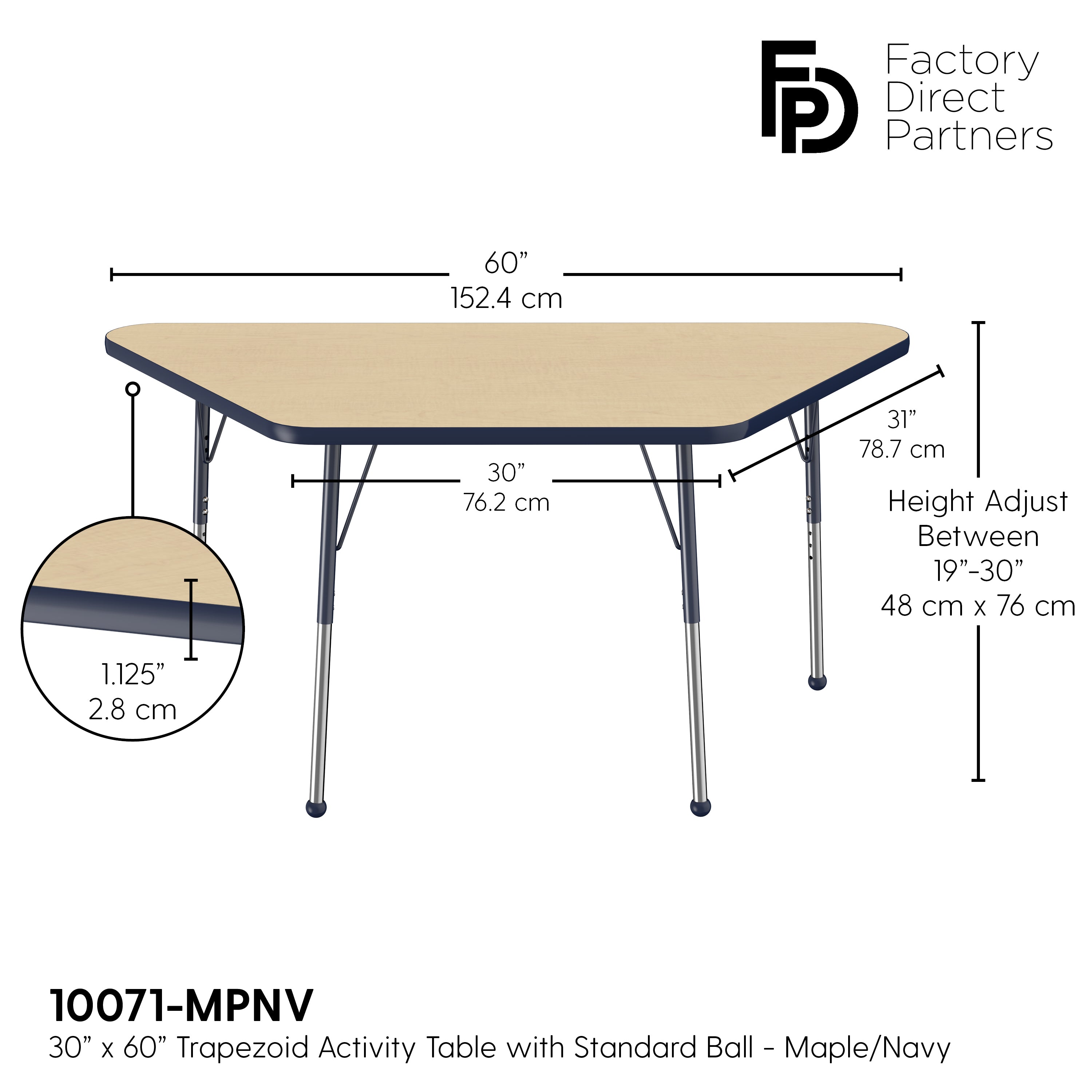 30" x 60" Trapezoid T-Molding Activity Table with Adjustable Standard Ball Glide Legs - Maple/Navy
