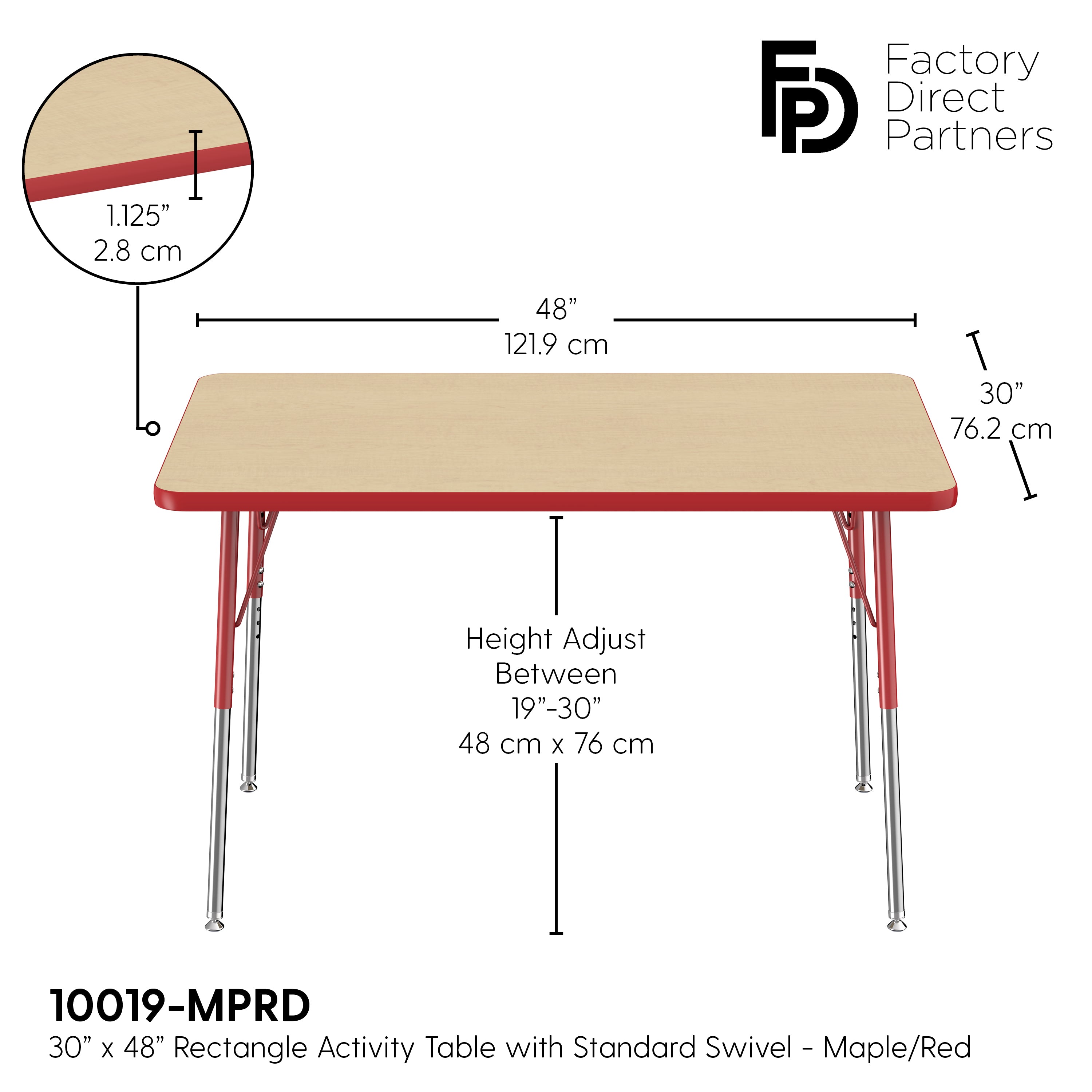 30" x 48" Rectangle T-Molding Activity Table with Adjustable Standard Swivel Glide Legs - Maple/Red
