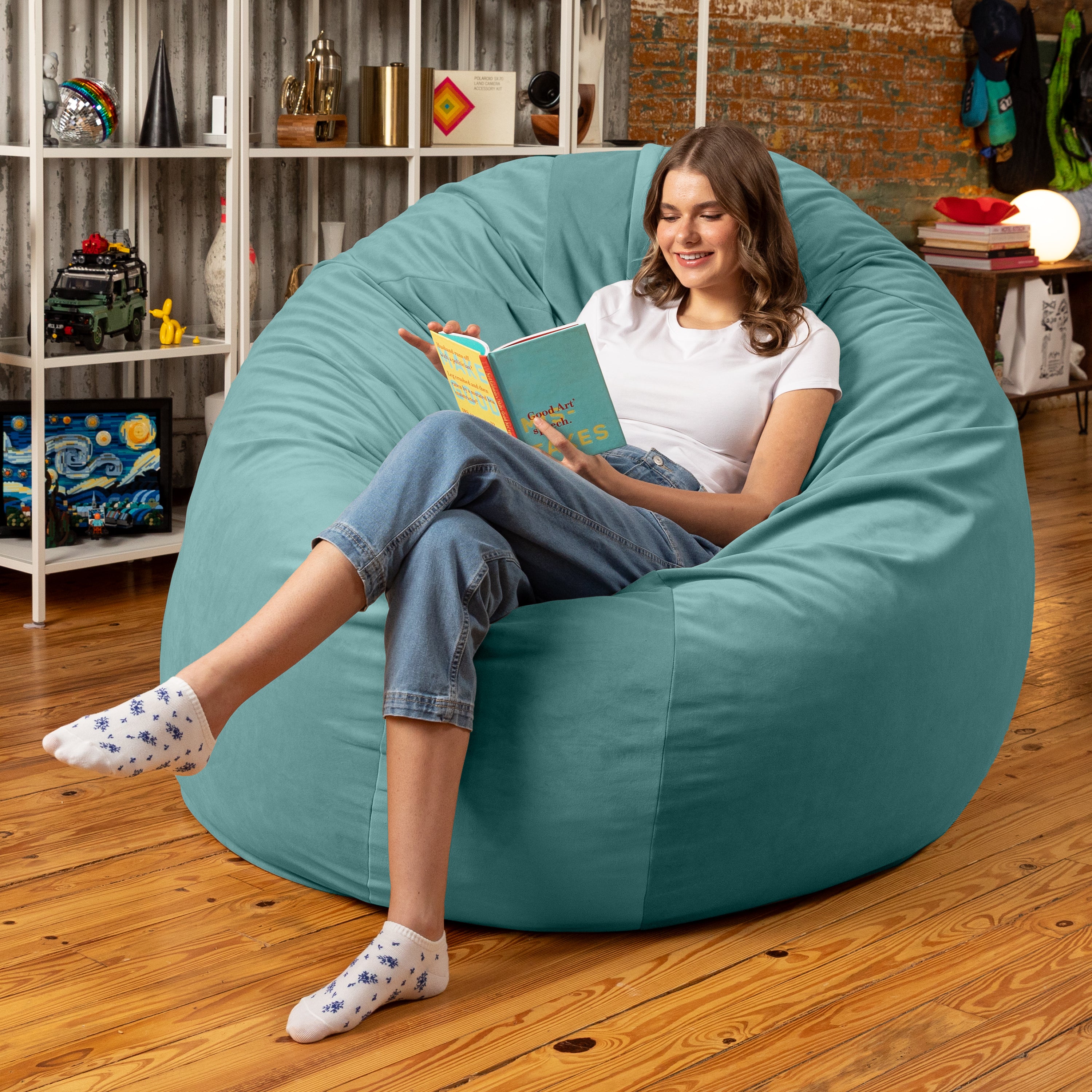 Jaxx 6 Foot Cocoon - 2-in-1 Convertible Bean Bag Bed & Large Bean Bag Chair for Adults, Premium Lush Velvet - Turquoise