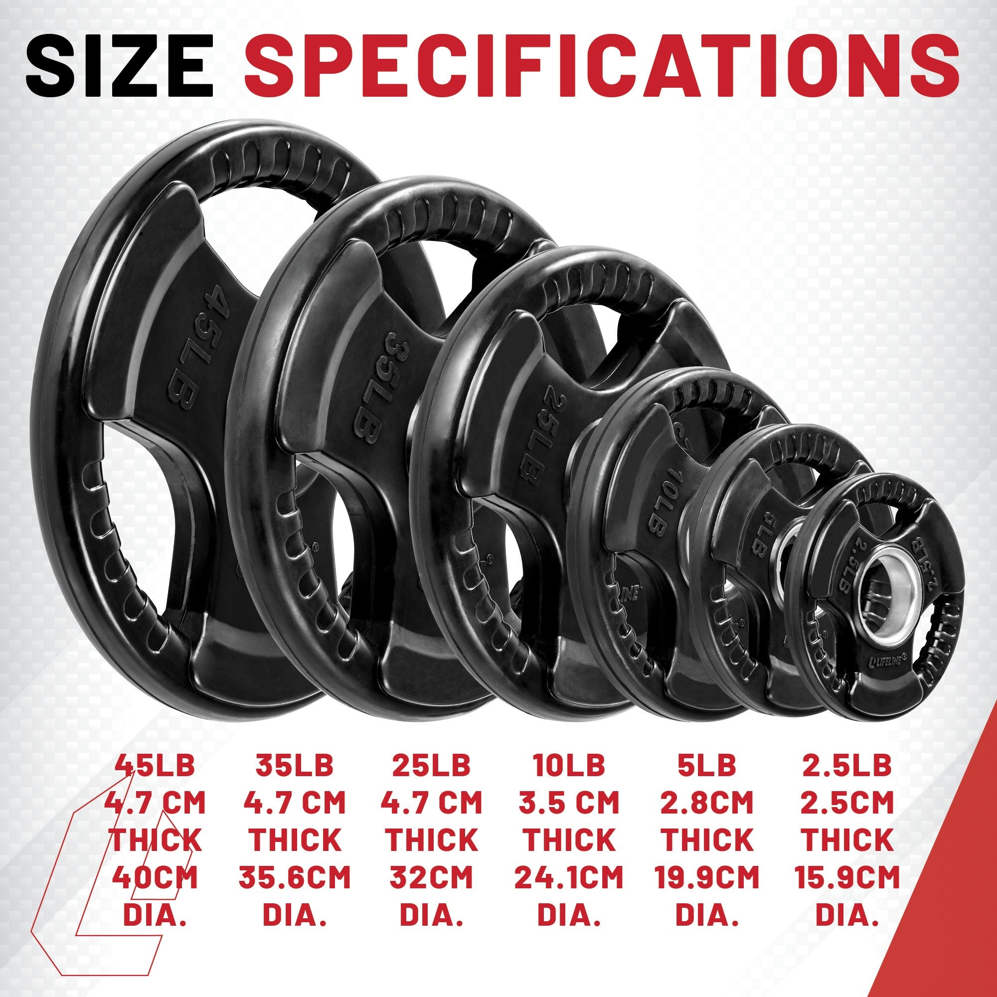 Lifeline 355Lb  Pro Olympic Grip Plate (Rubber Coated) Set: (4) 45Lb (2) 35Lb (2) 25Lb (2) 10Lb (6) 5Lb (2) 2.5 Lb Plates