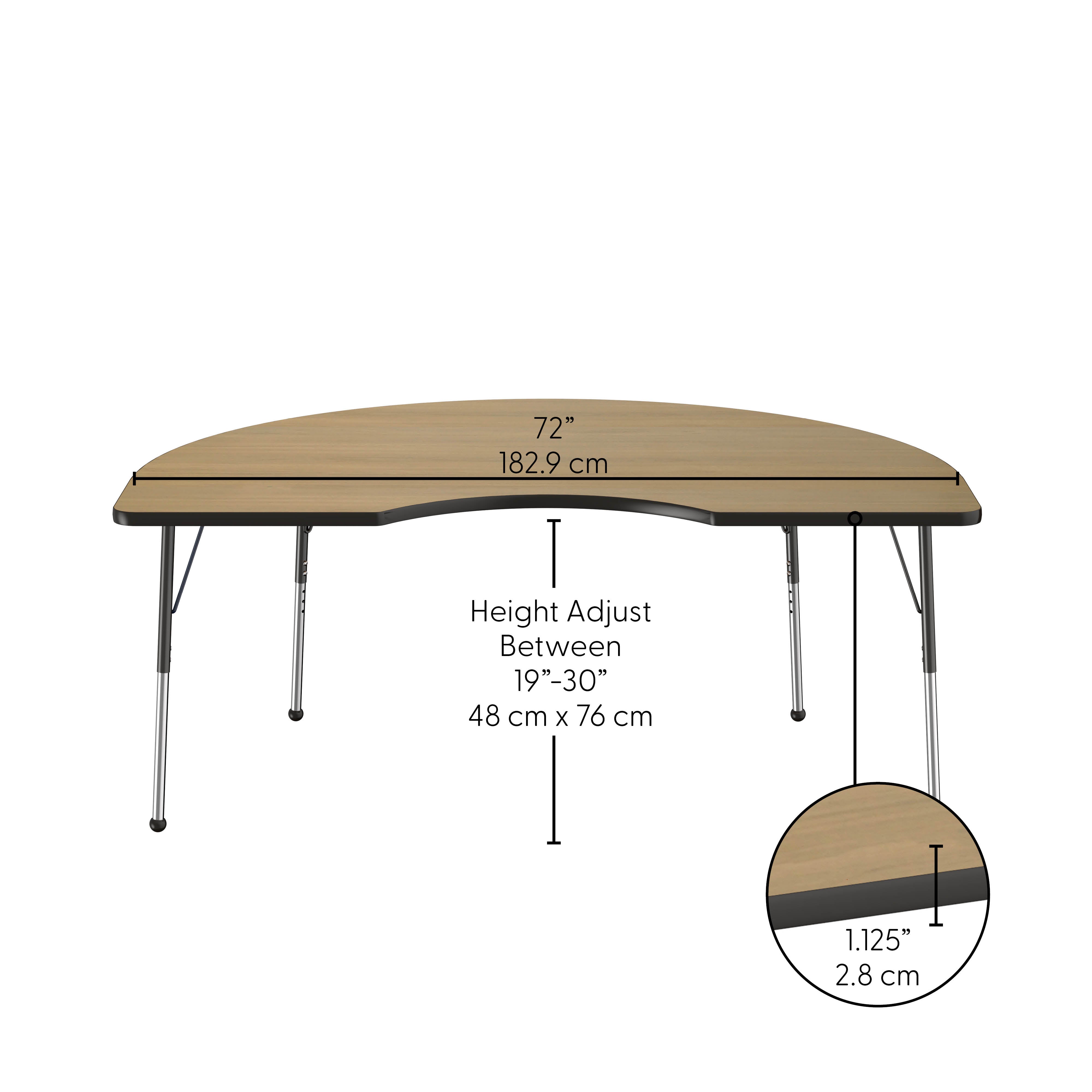 48" x 72" Kidney Thermofused Activity Table with Adjustable Standard Ball Glide Legs - Pasadena Oak/Black