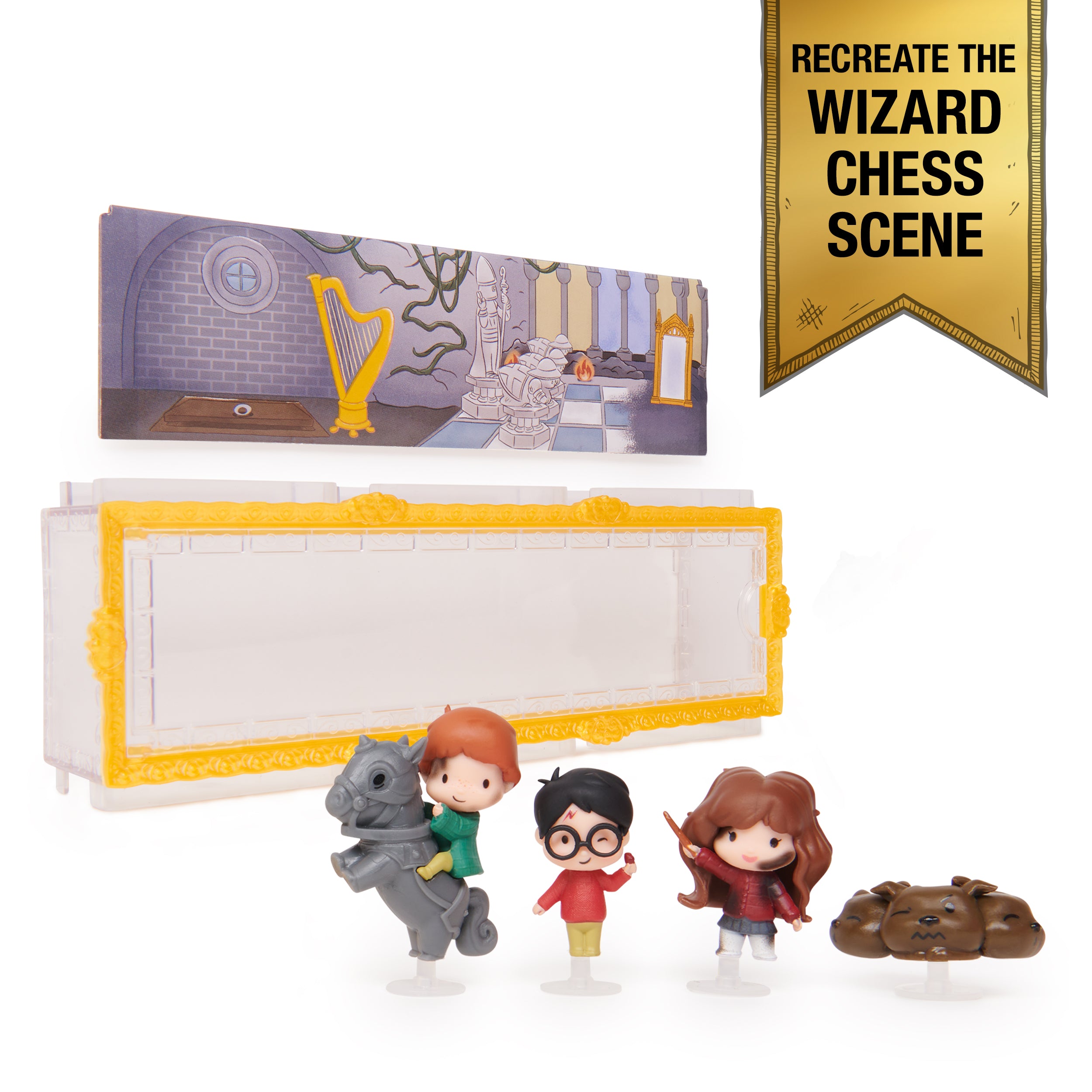 Wizarding World Harry Potter, Micro Magical Moments Scene Gift Set with Exclusive Harry, Hermione, Ron, Fluffy Action Figures & Case, Kids Toys