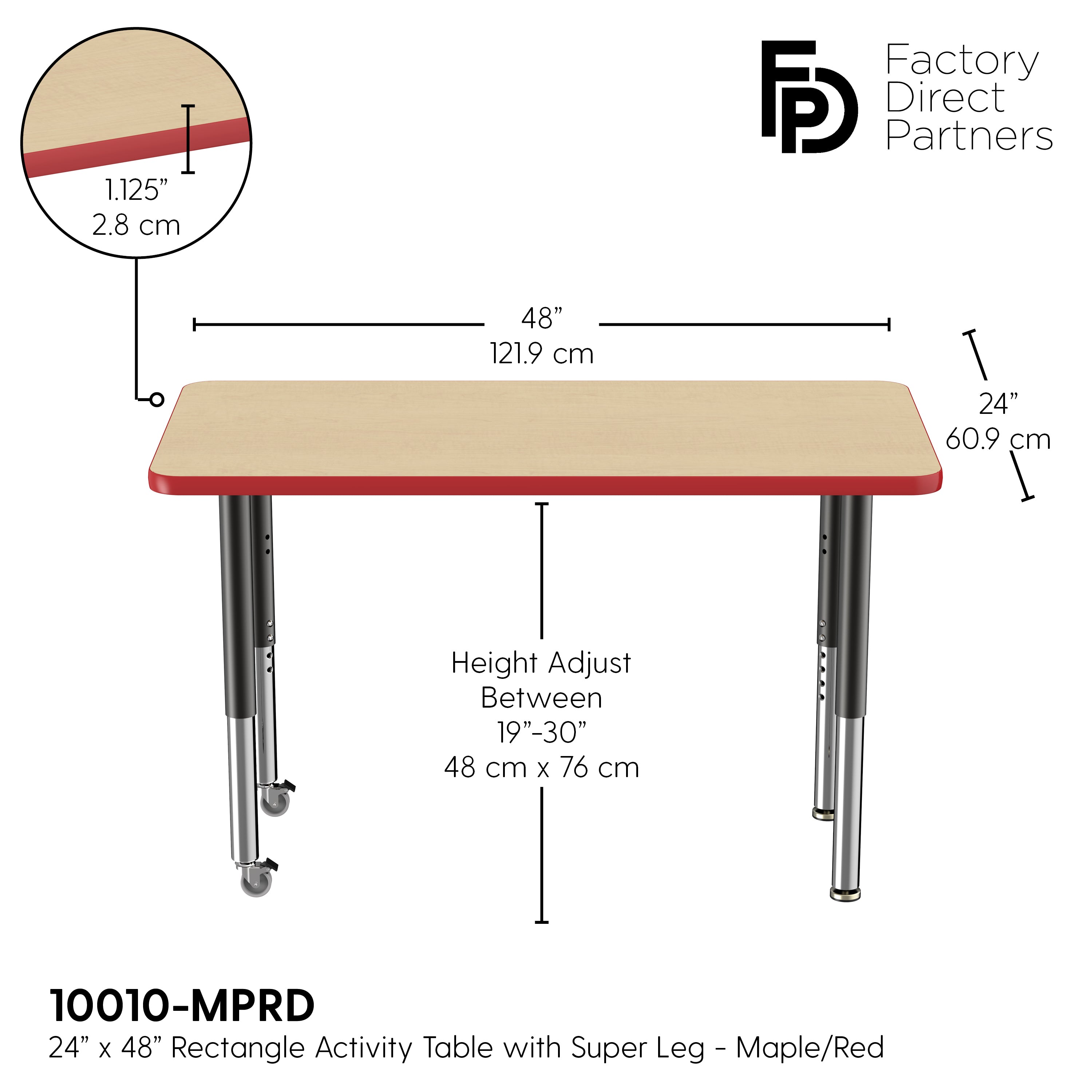 24" x 48" Rectangle T-Molding Activity Table with Adjustable Super Legs - Maple/Red/Black