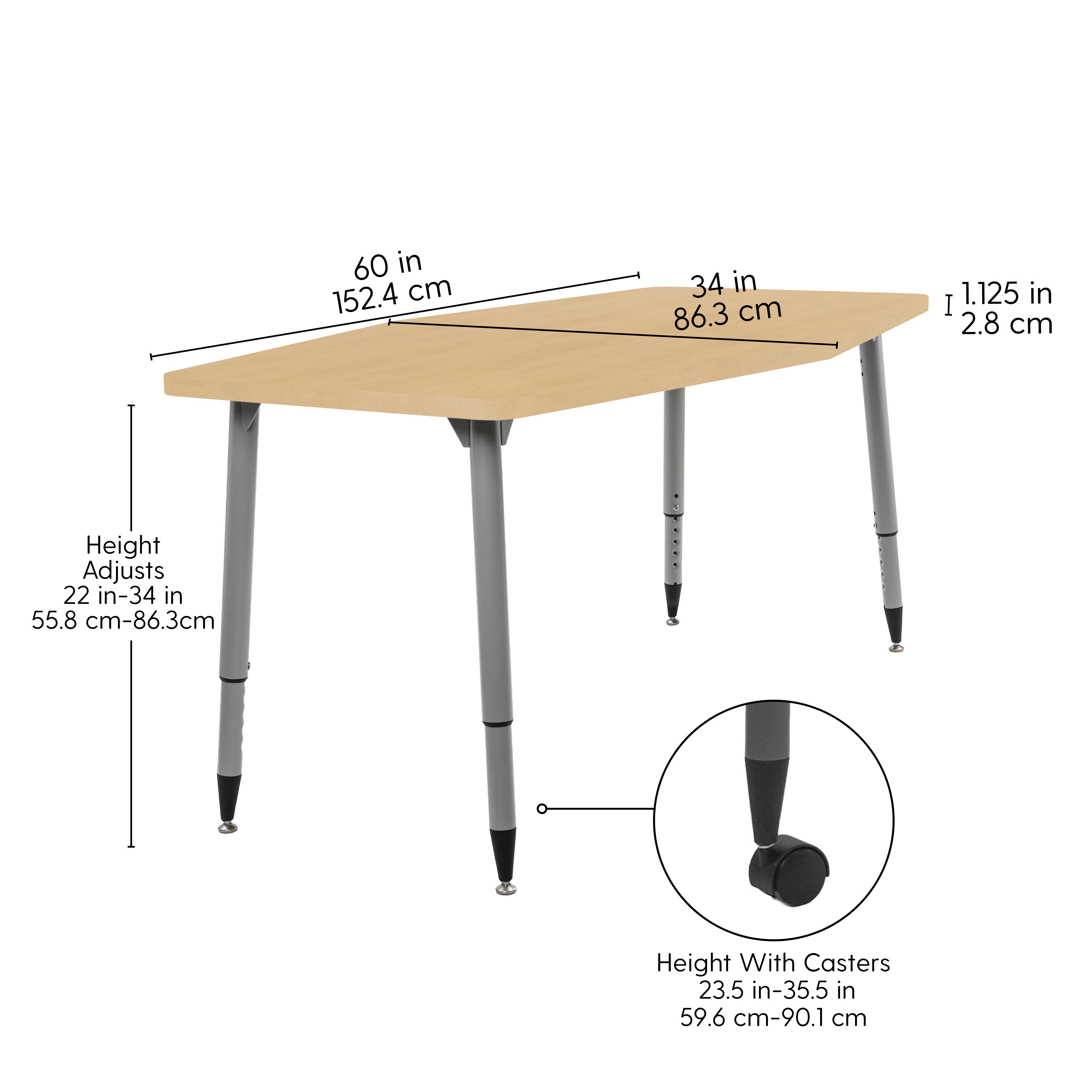 Adapte 34" x 60" Long Hexagon Woodgrain Activity Table with Adjustable Tapered Legs - Maple Grain/Silver