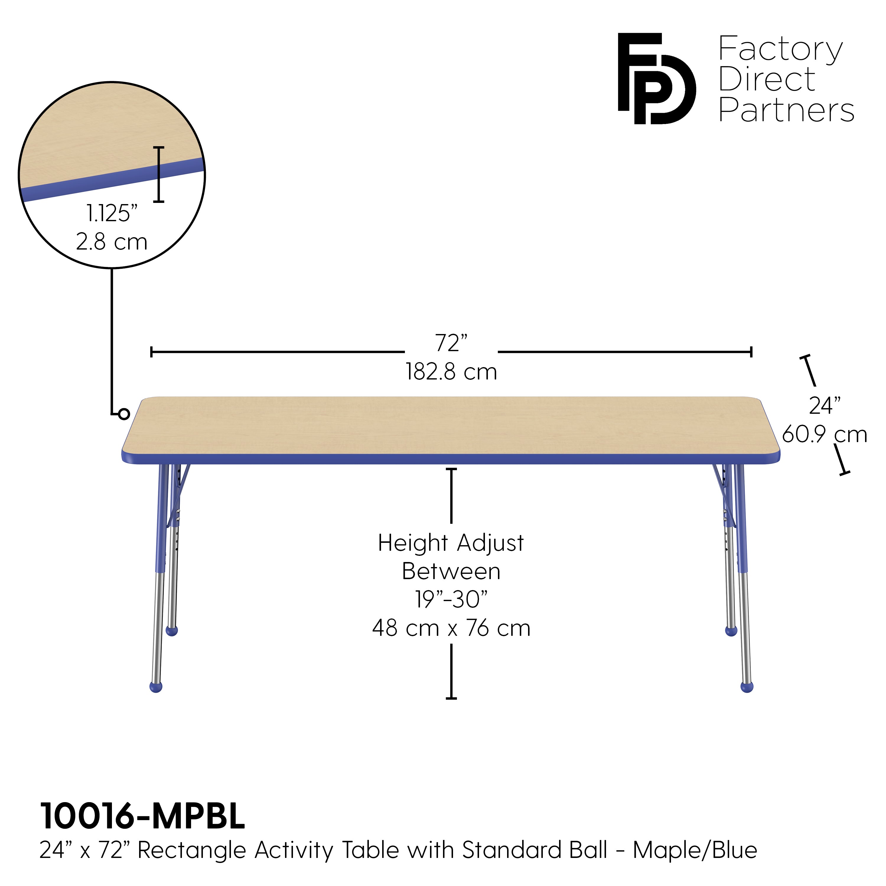 24" x 72" Rectangle T-Molding Activity Table with Adjustable Standard Ball Glide Legs - Maple/Blue
