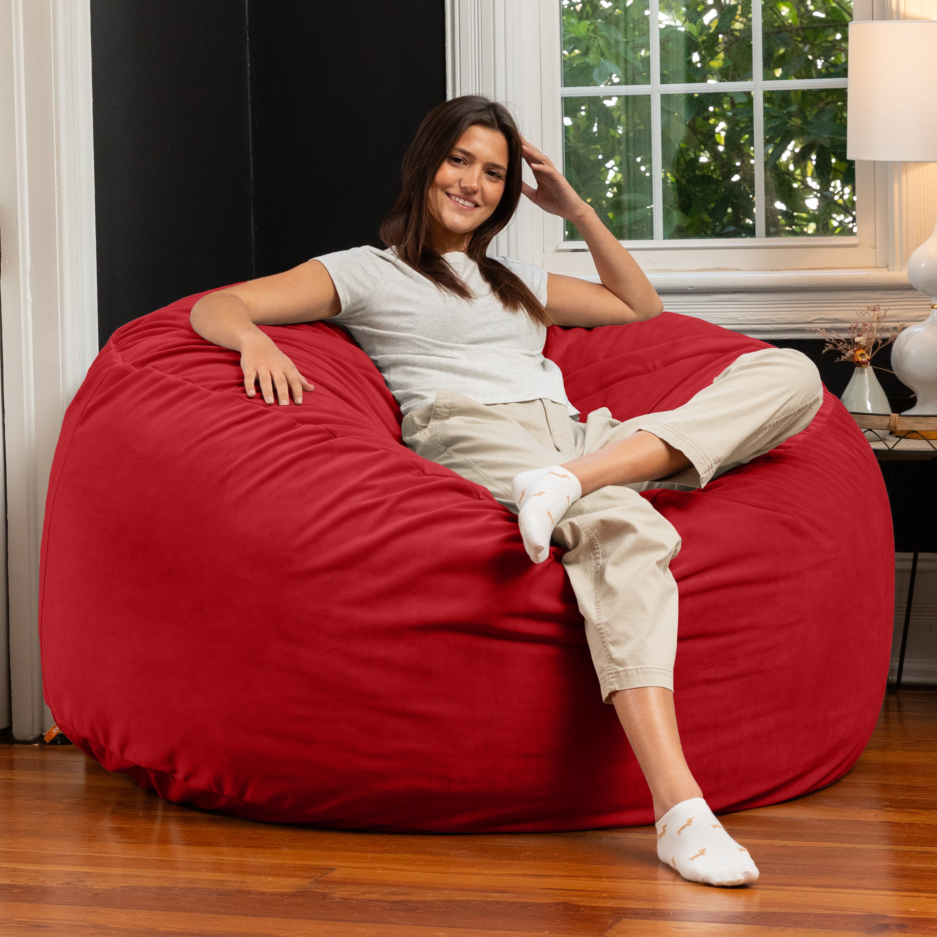 Jaxx 5 Foot Saxx - Large Round Bean Bag Chair for Adults - Lush Velvet Merlot