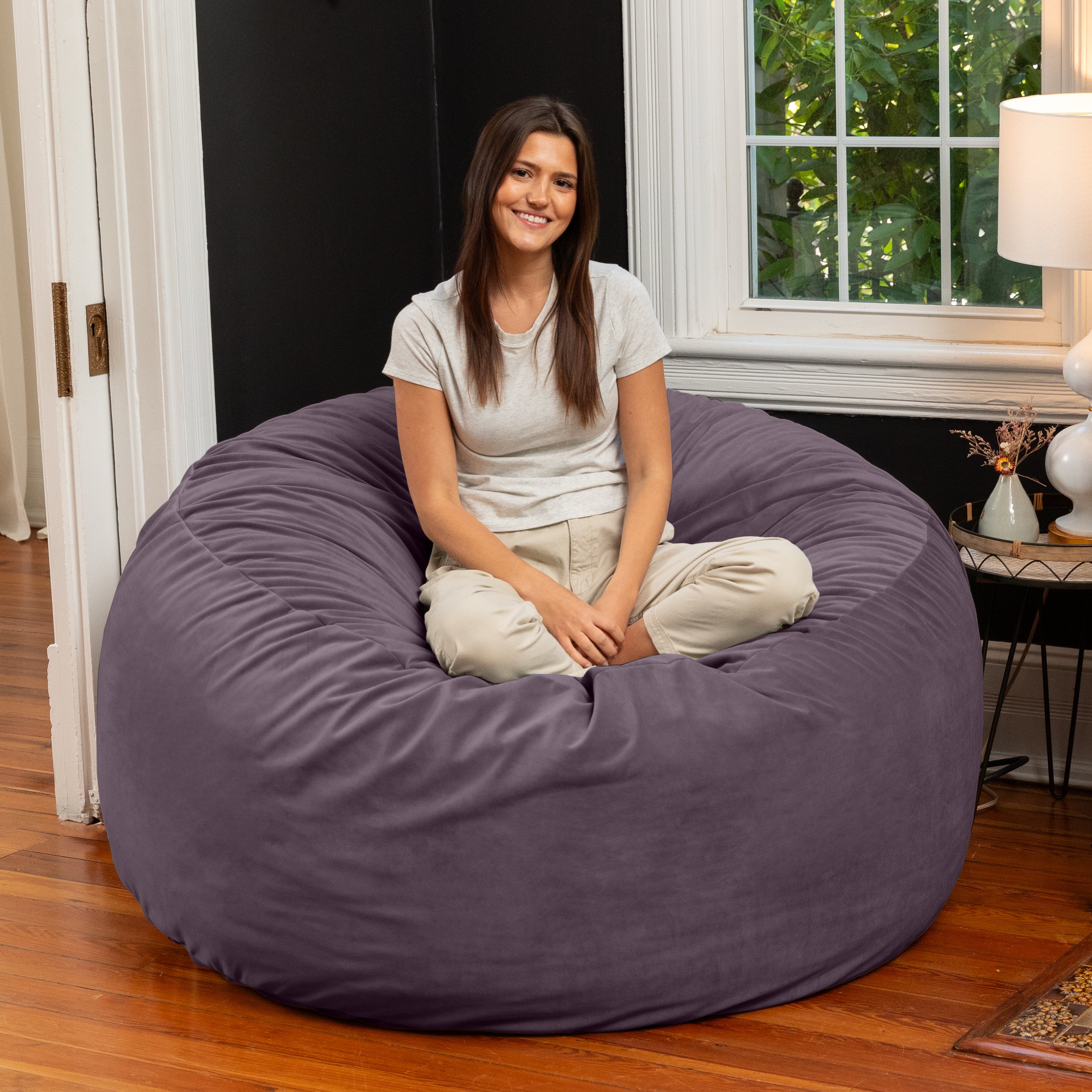 Jaxx 5 Foot Saxx - Large Round Bean Bag Chair for Adults - Lush Velvet Purple