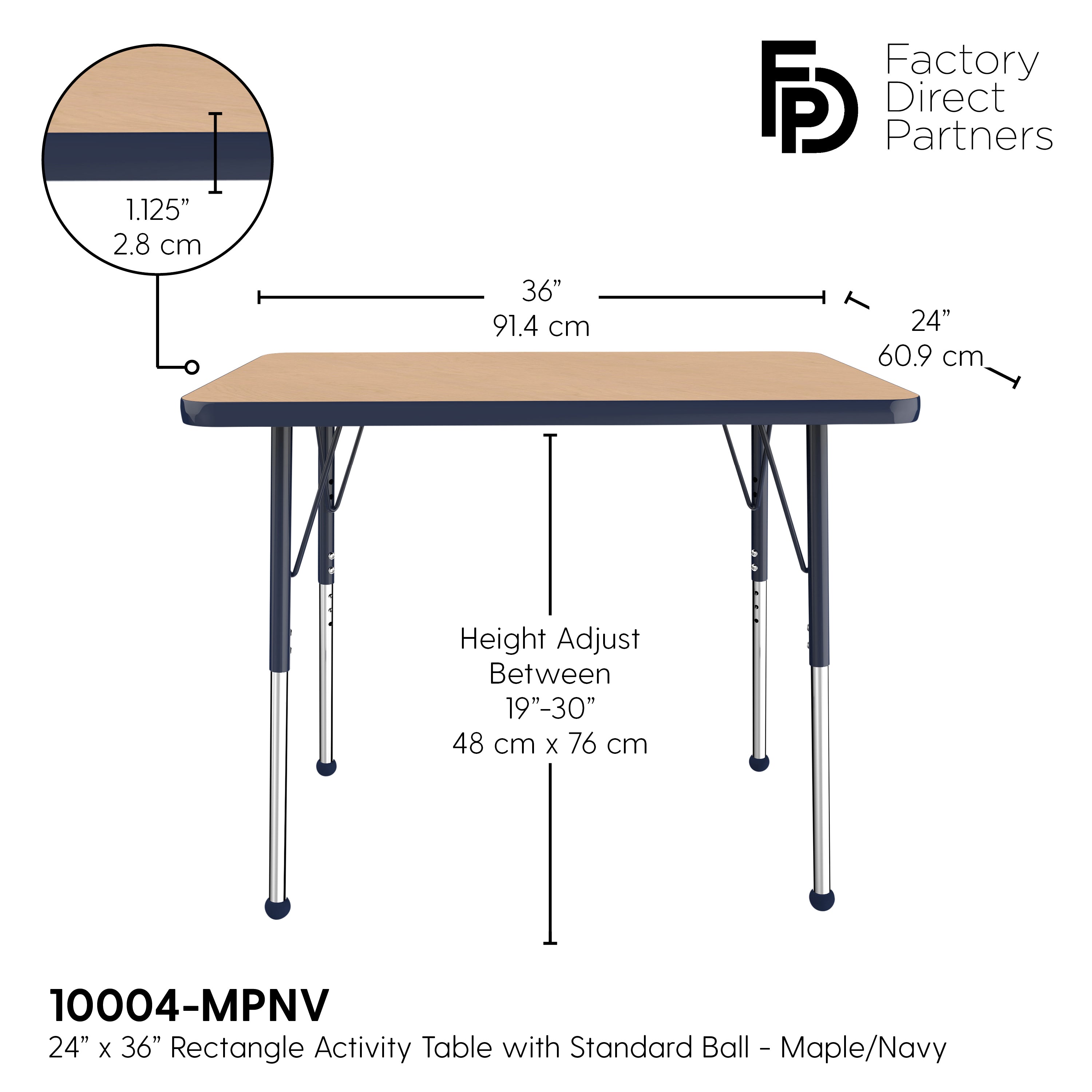 24" x 36" Rectangle T-Molding Activity Table with Adjustable Standard Ball Glide Legs - Maple/Navy