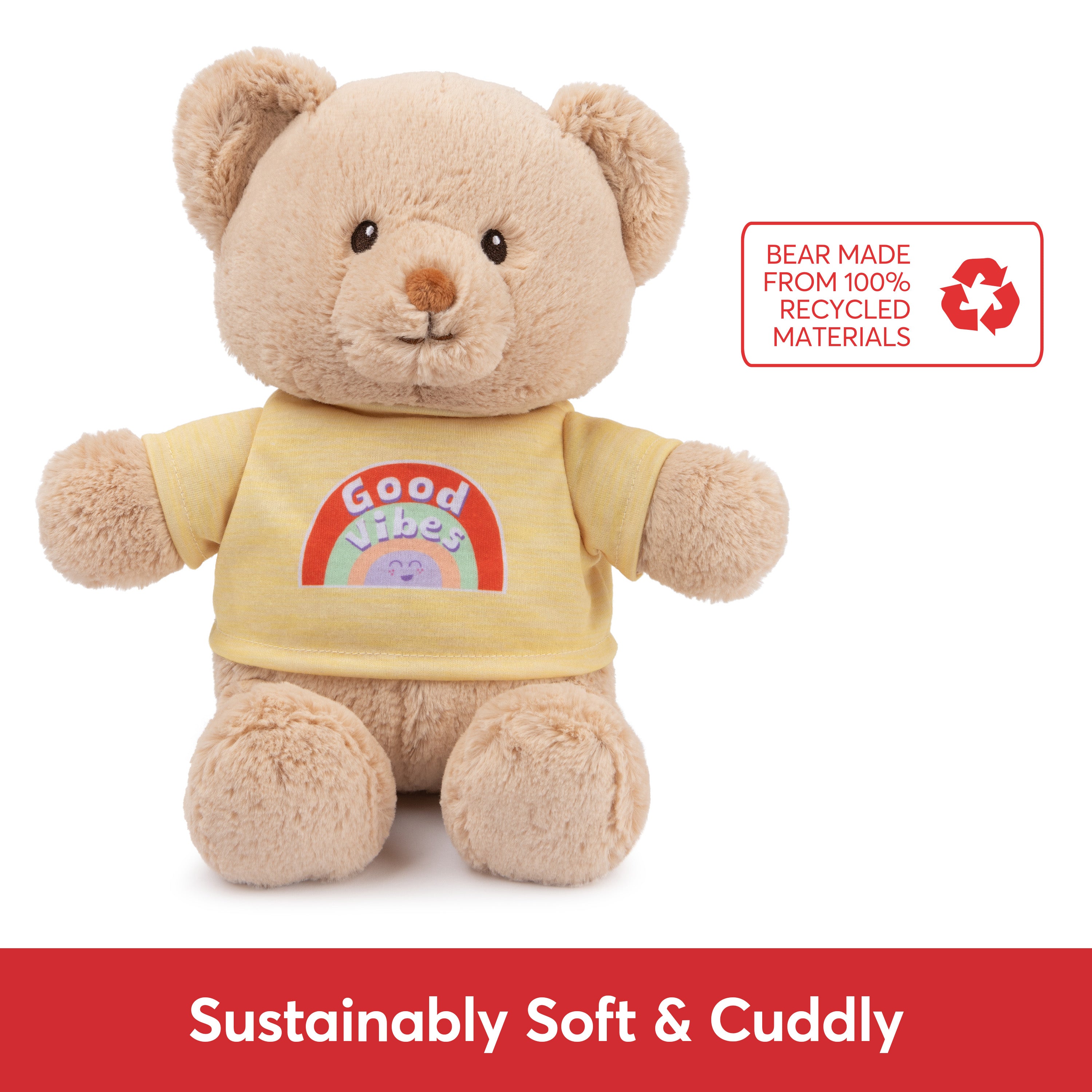 GUND “Good Vibes” Sustainable Message Bear with Yellow T-Shirt, Teddy Bear Made from 100% Recycled Materials for Ages 1 and Up, Tan, 12”
