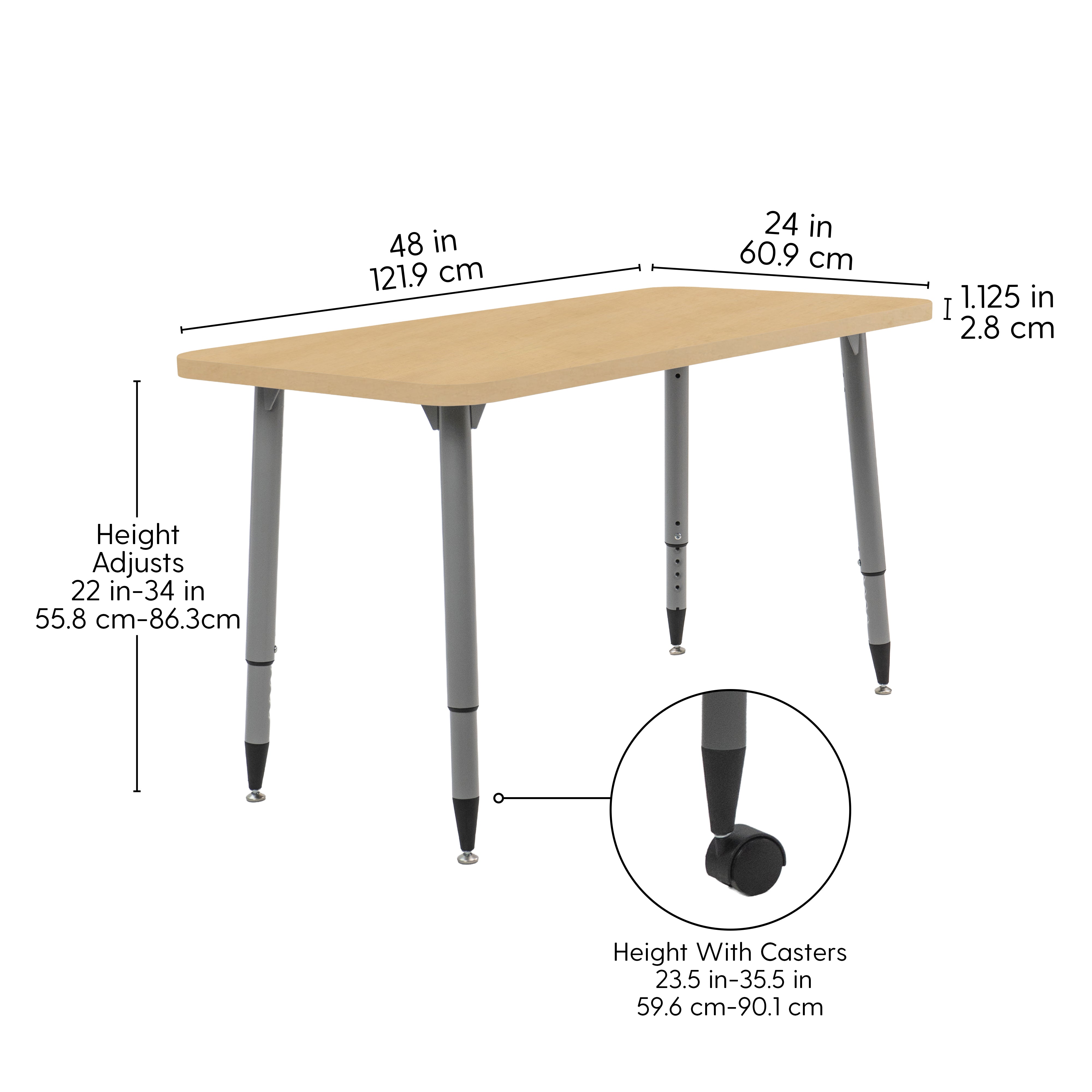 Adapte 24" x 48" Rectangle Woodgrain Activity Table with Adjustable Tapered Legs - Maple Grain/Silver