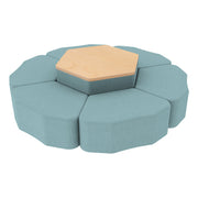 Pro Series Hexagon Ottoman Table with Petal 12" H Seating, 7-Piece Set - Sky Blue Crosshatch/Maple