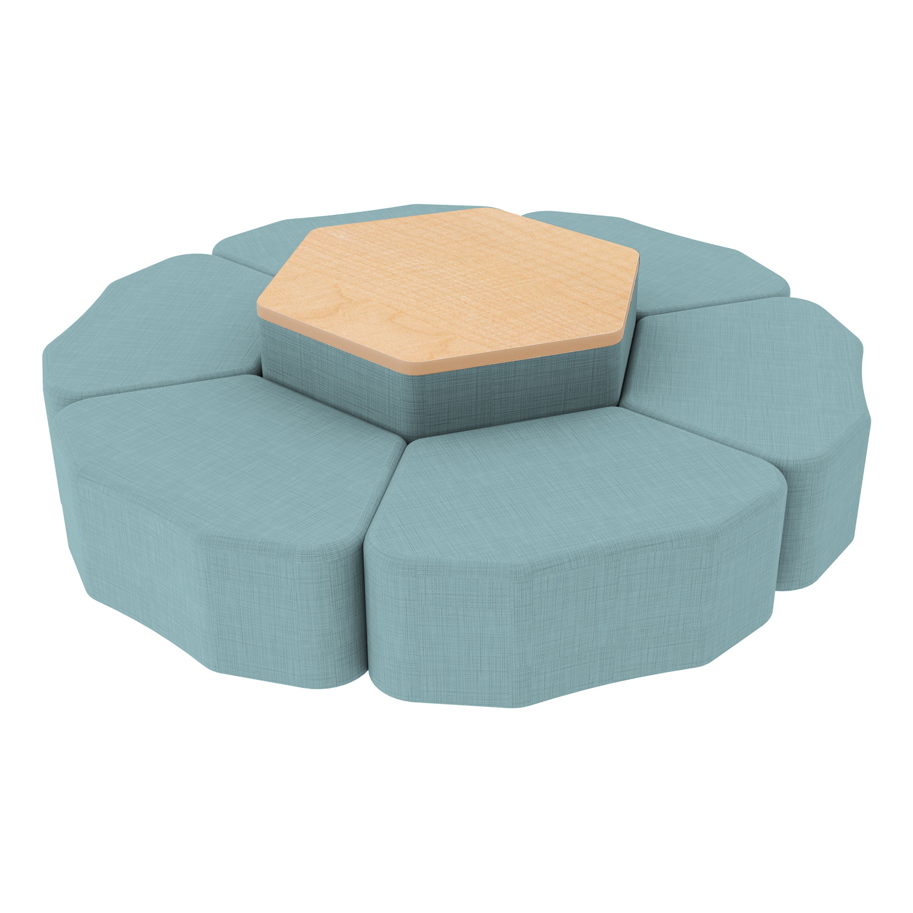 Pro Series Hexagon Ottoman Table with Petal 12" H Seating, 7-Piece Set - Sky Blue Crosshatch/Maple