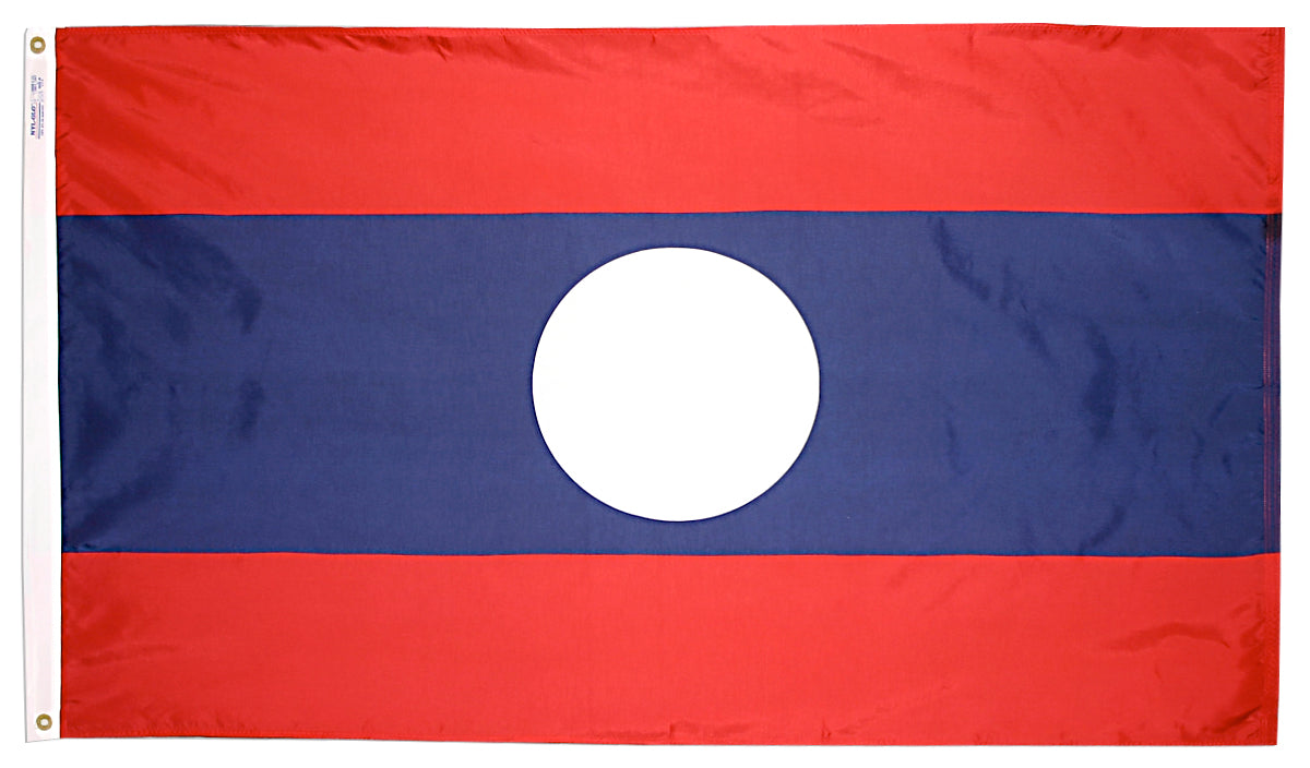 Laos Flag 2x3 ft. Nylon SolarGuard Nyl-Glo 100% Made in USA to Official United Nations Design Specifications.