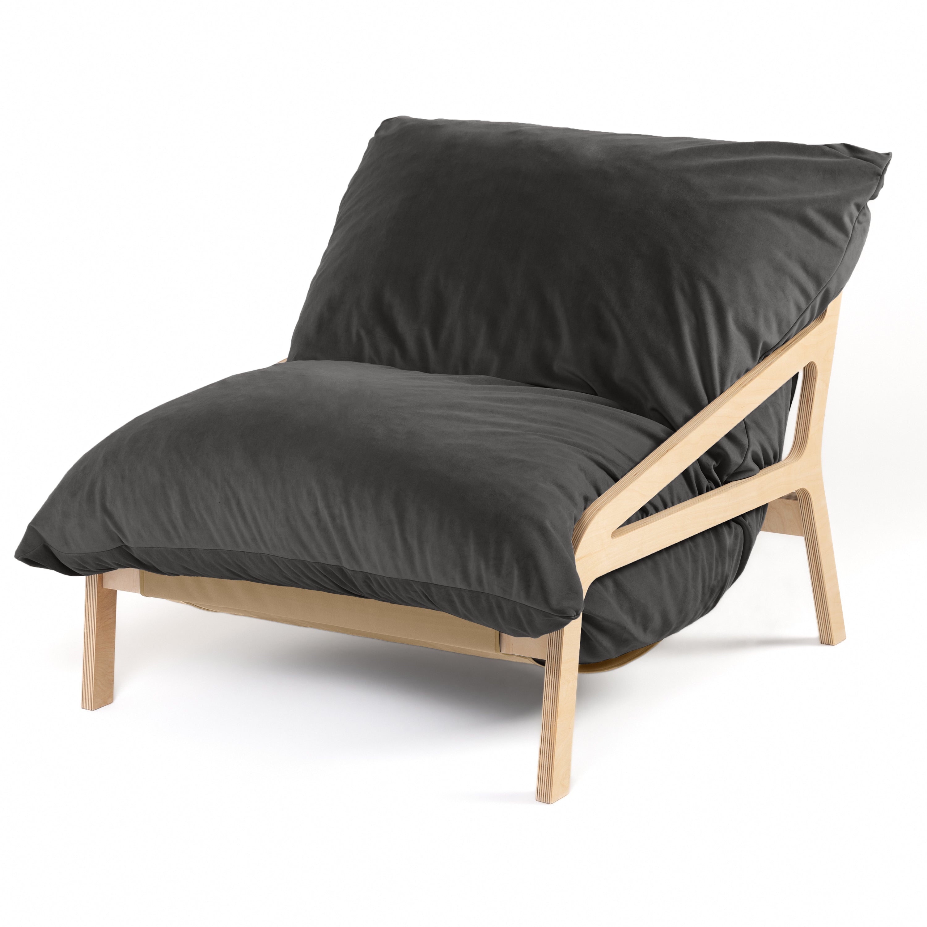 Pillow Saxx Dream Lounger with Wood Frame - 3-in-1 Bean Bag Accent Chair, Recliner & Sleeper, Lush Velvet Black