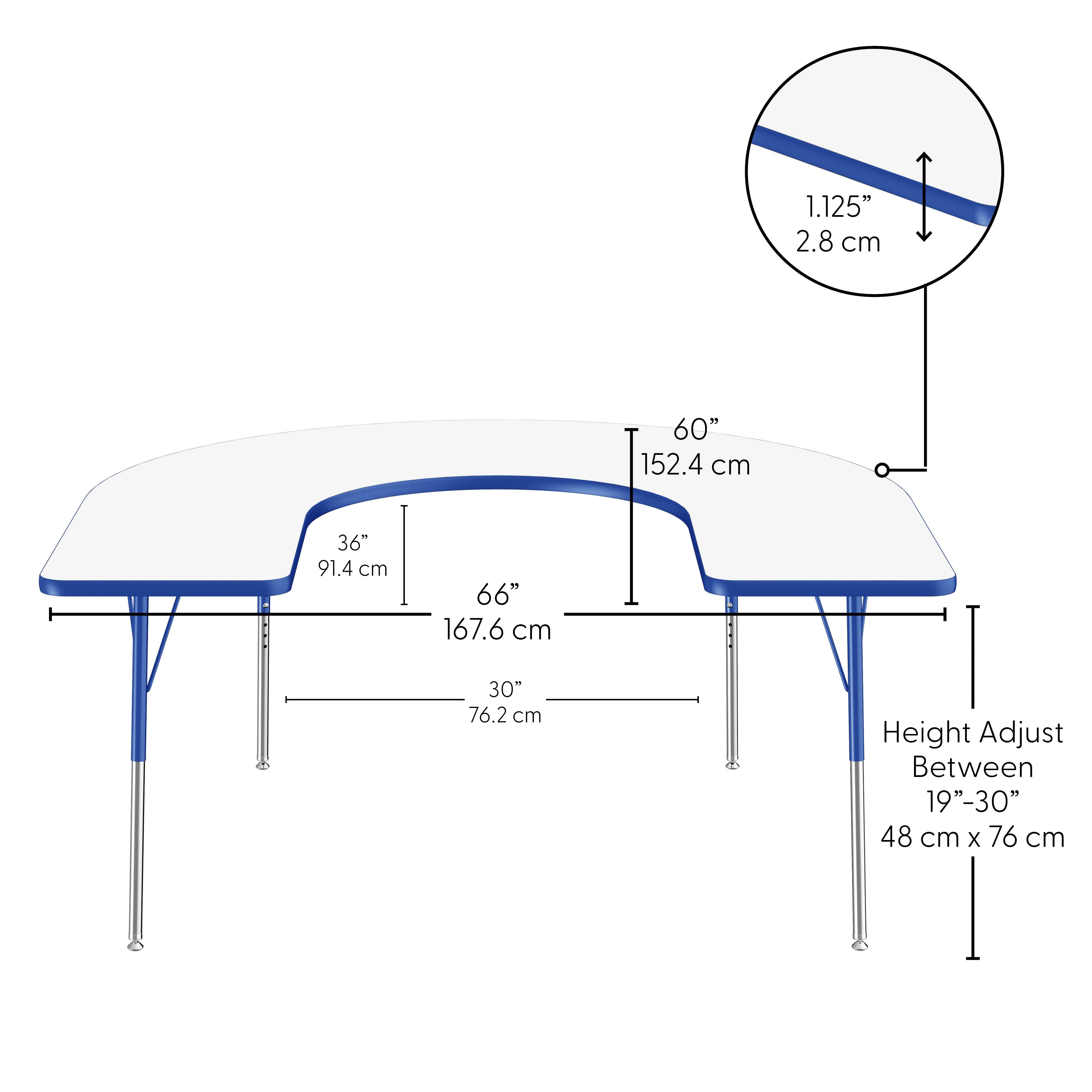 60" x 66" Horseshoe Dry-Erase Activity Table with Adjustable Standard Swivel Glide Legs - Whiteboard/Blue