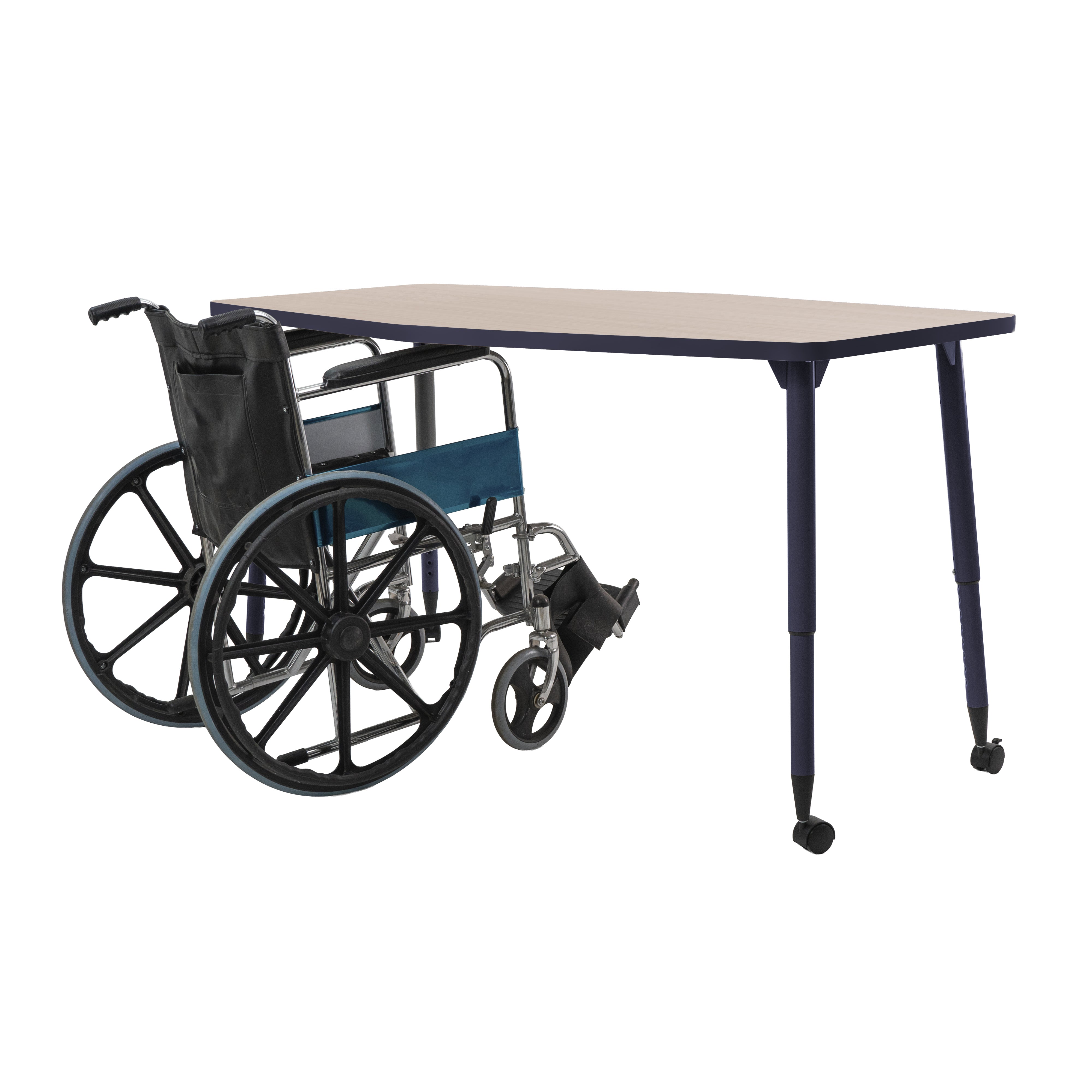 Adapte 34" x 60" Long Hexagon Thermofused Activity Table with Adjustable Tapered Legs - Asian Sand/Navy