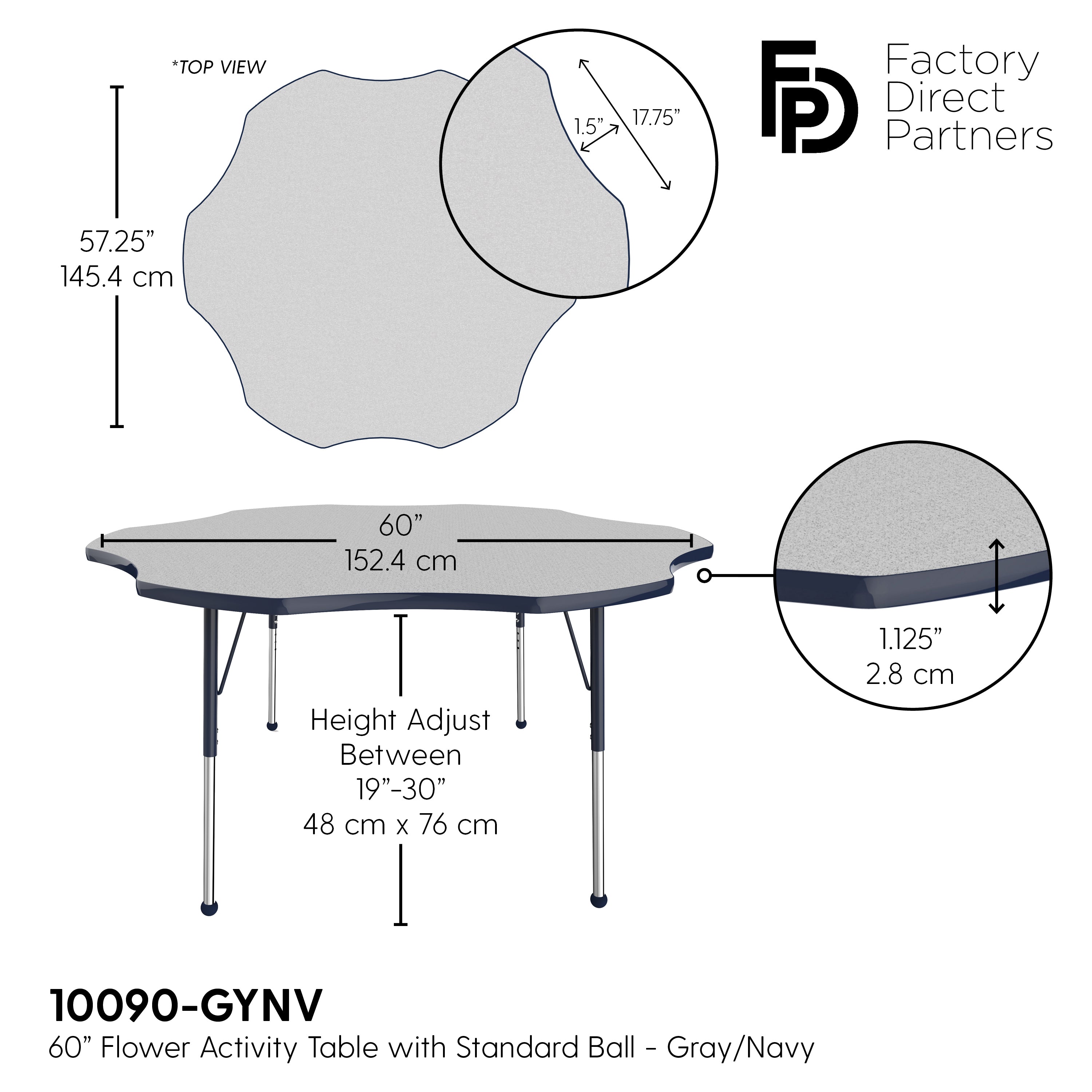 60" x 60" Flower T-Molding Activity Table with Adjustable Standard Ball Glide Legs - Gray/Navy