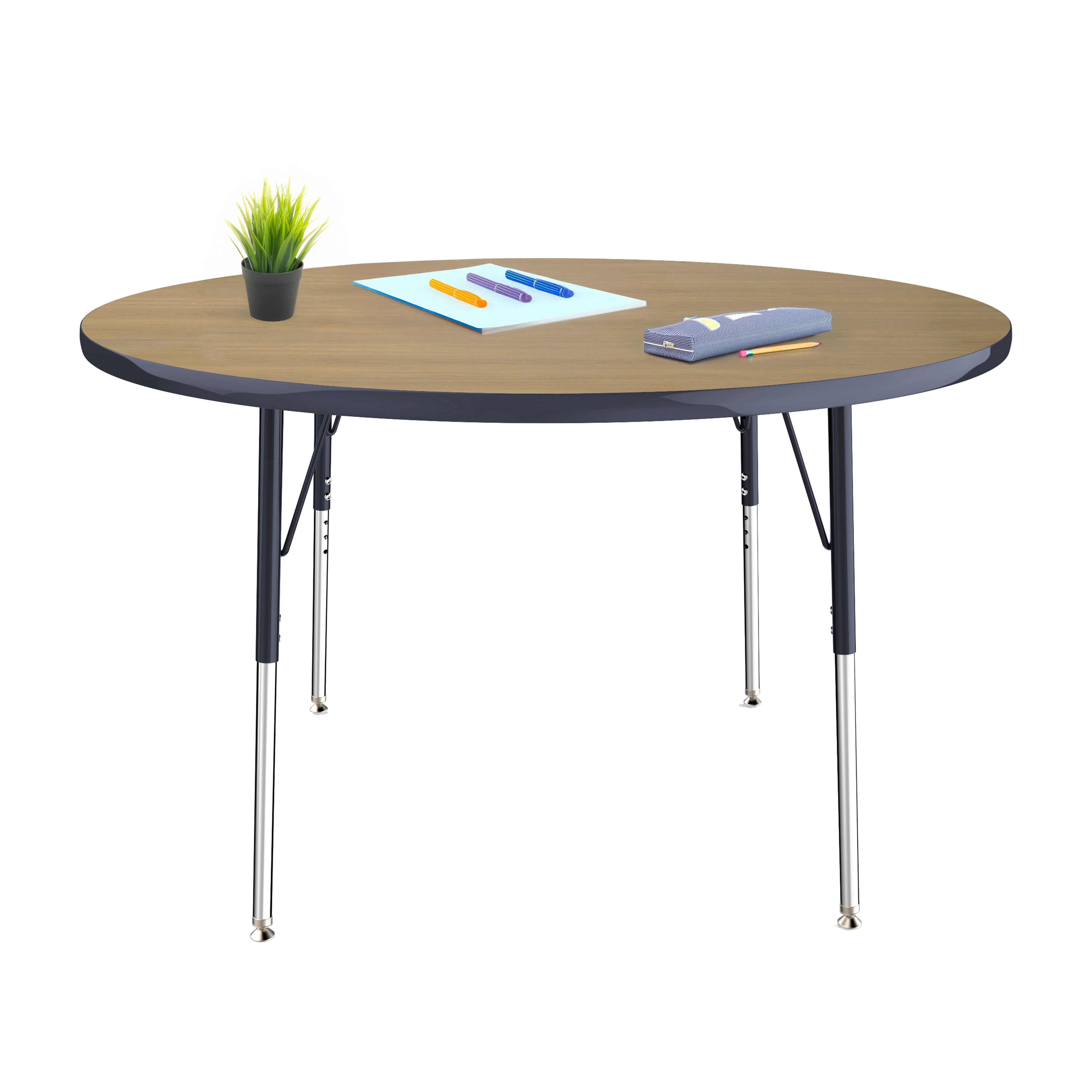 48" Round T-Molding Activity Table with Adjustable Standard Swivel Glide Legs - Pasadena Oak/Navy