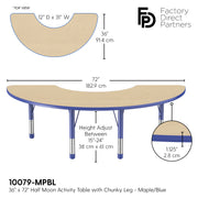 36" x 72" Half Moon T-Molding Activity Table with Adjustable Chunky Legs - Maple/Blue