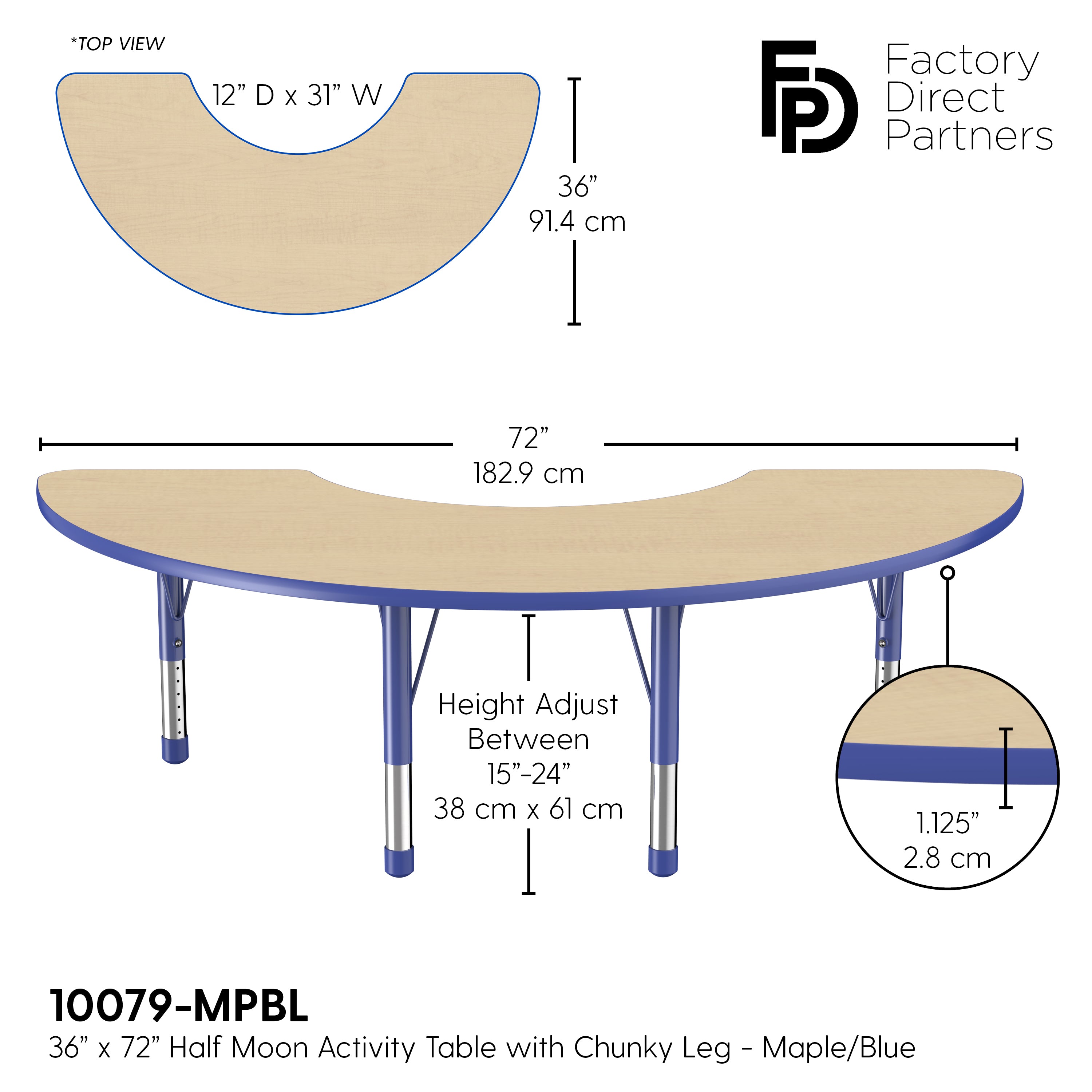 36" x 72" Half Moon T-Molding Activity Table with Adjustable Chunky Legs - Maple/Blue