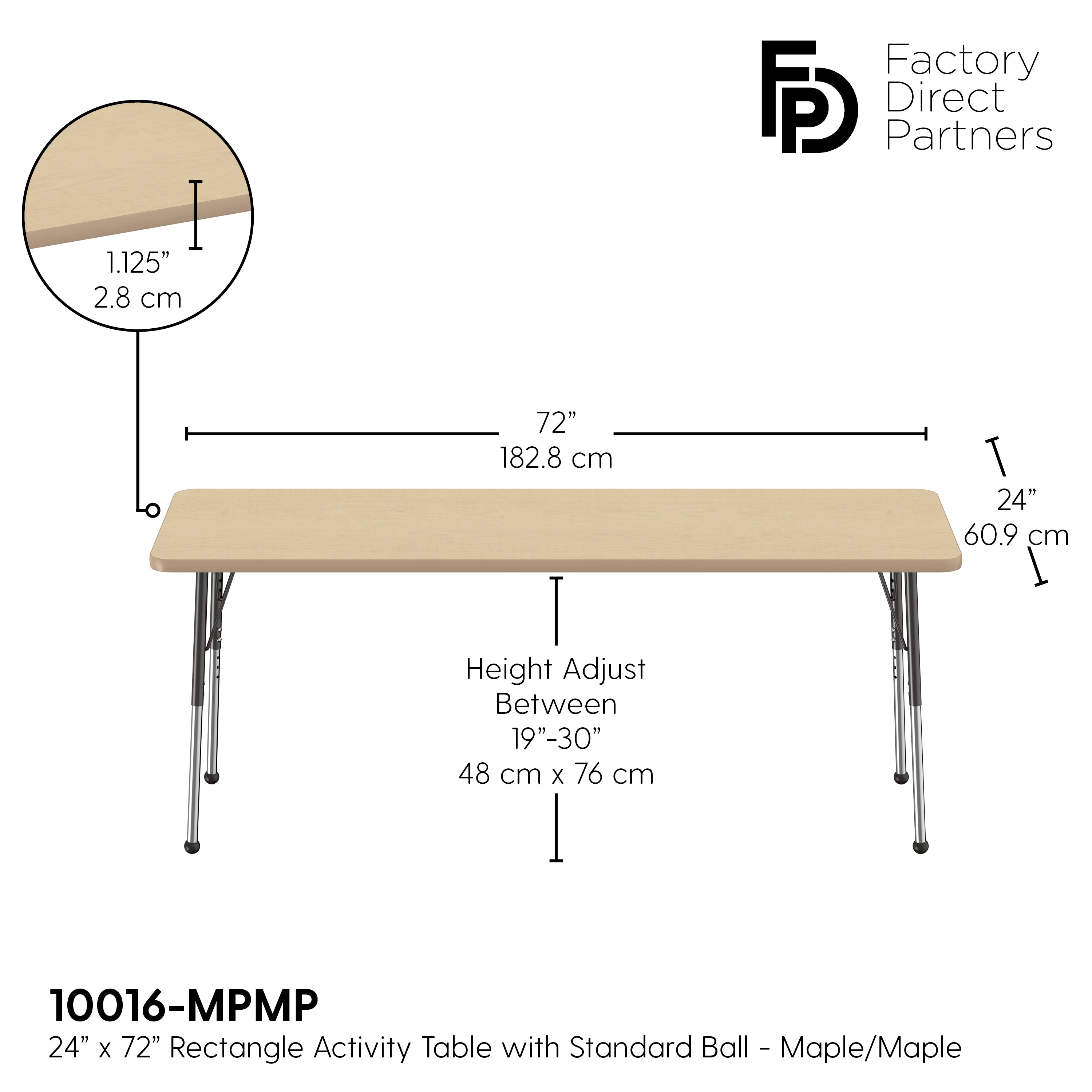 24" x 72" Rectangle T-Molding Activity Table with Adjustable Standard Ball Glide Legs - Maple/Maple/Black