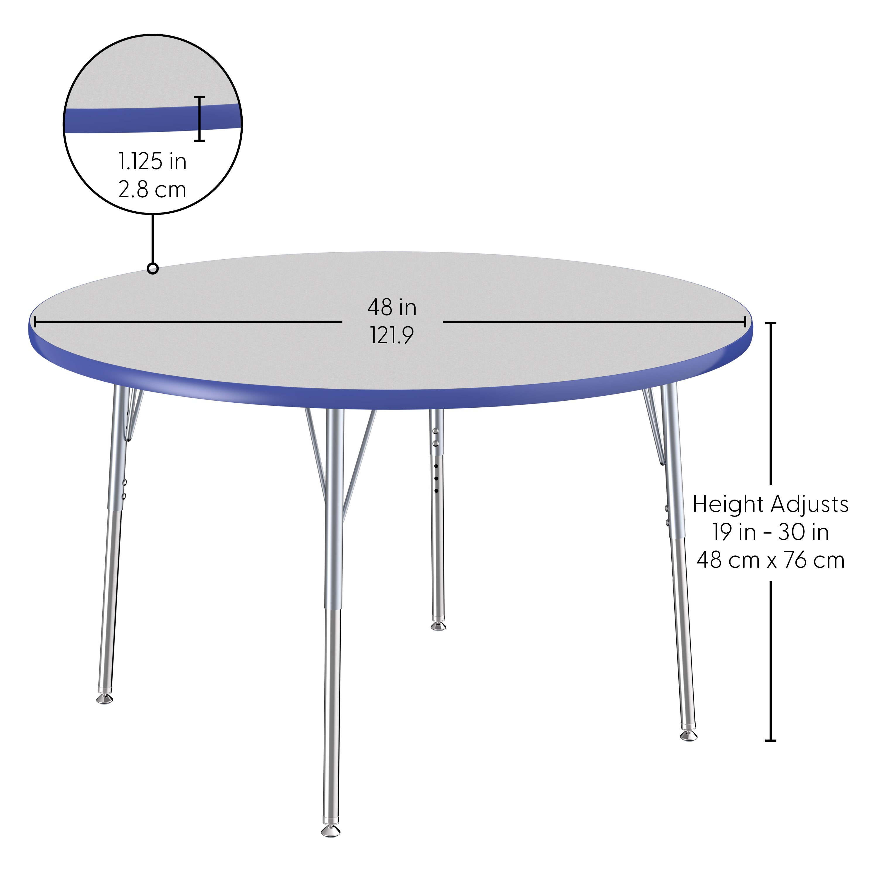 48" Round T-Molding Activity Table with Adjustable Standard Swivel Glide Legs - Gray/Blue/Silver