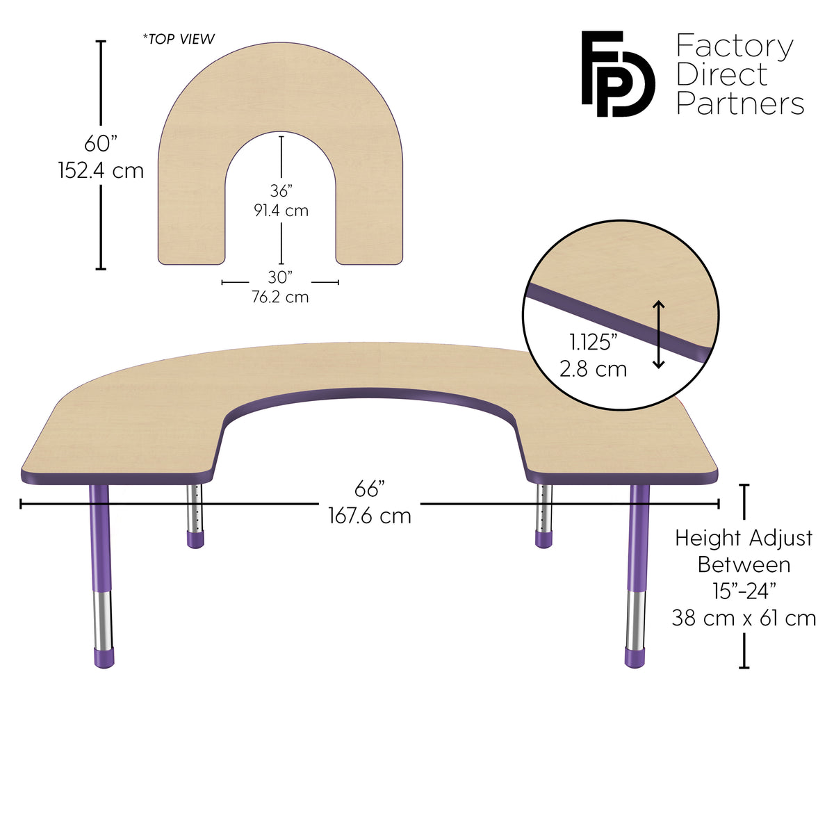 60" x 66" Horseshoe T-Molding Activity Table with Adjustable Chunky Legs - Maple/Purple