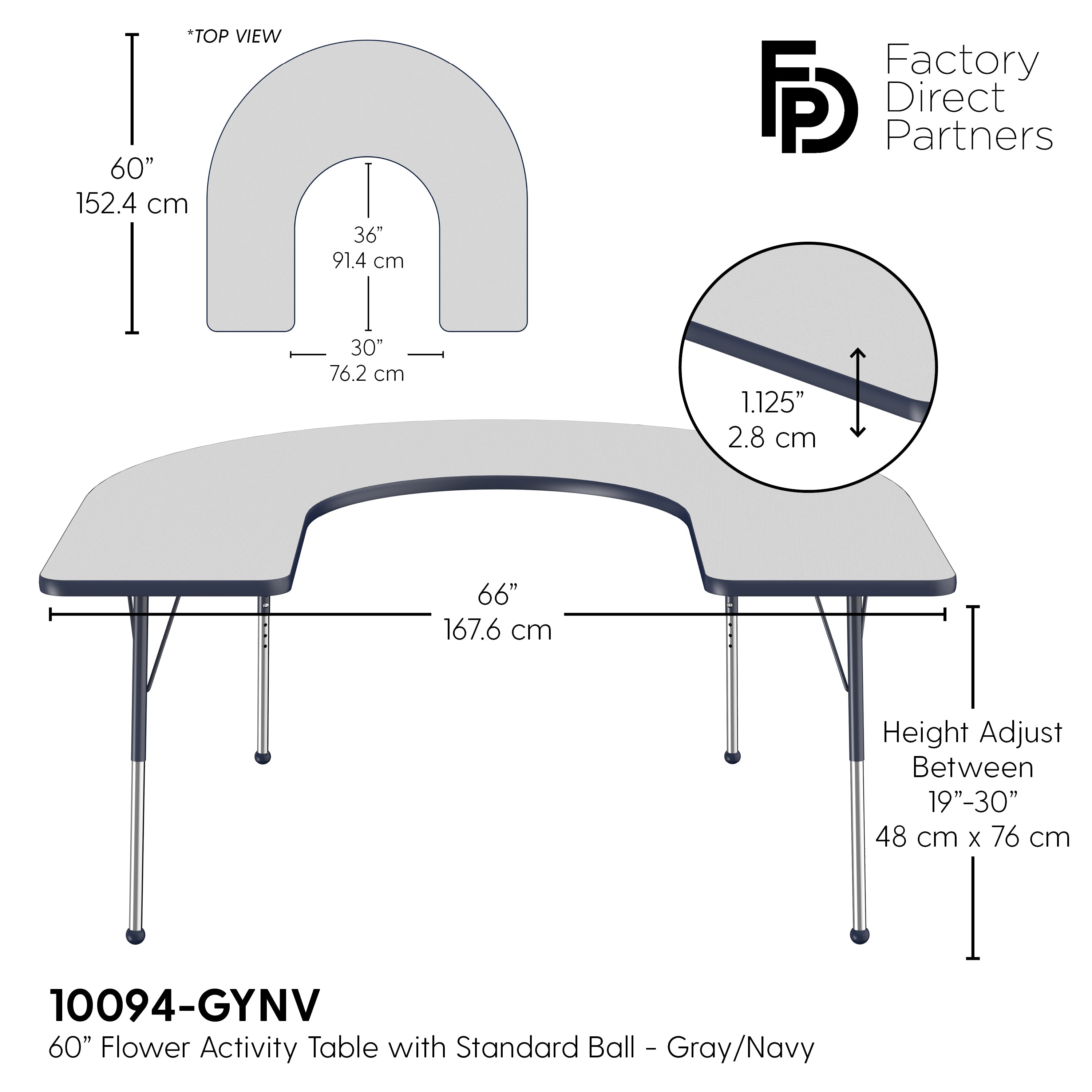 60" x 66" Horseshoe T-Molding Activity Table with Adjustable Standard Ball Glide Legs - Gray/Navy