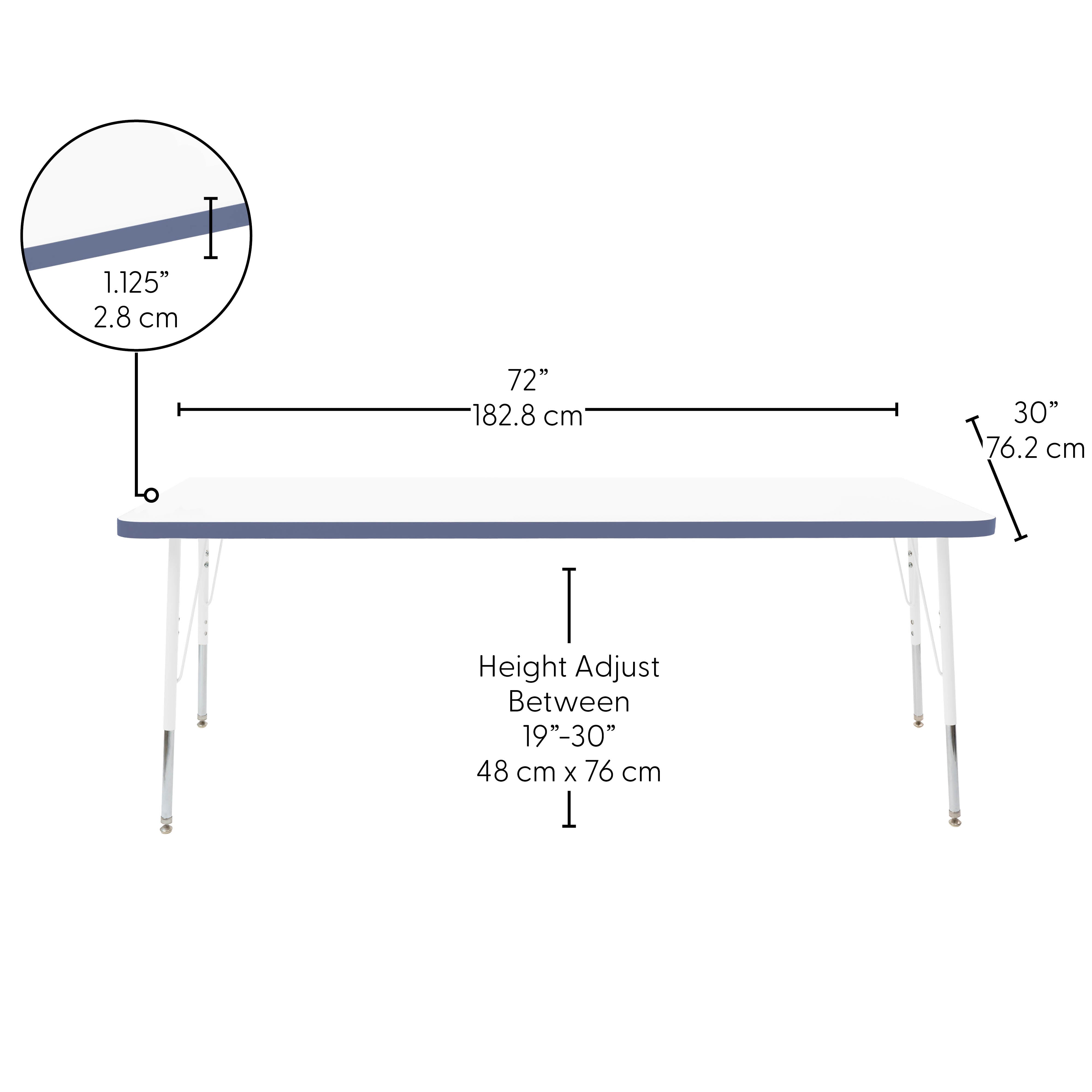 30" x 72" Rectangle Thermofused Activity Table with Adjustable Standard Swivel Glide Legs - White/Navy/White