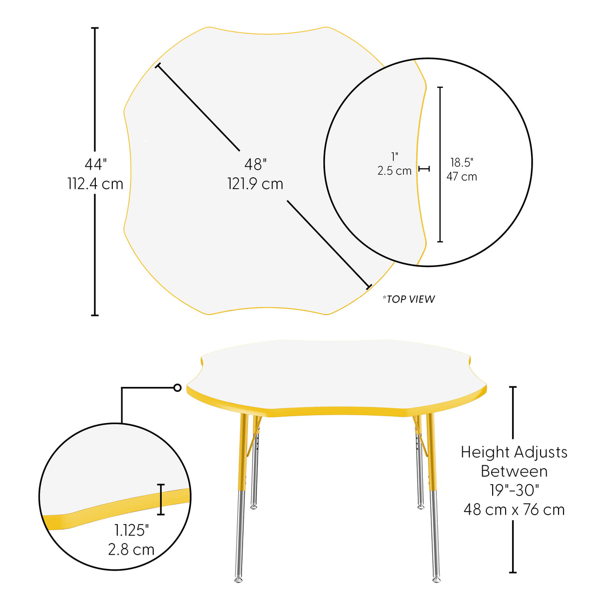 48" x 48" Clover Dry-Erase Activity Table with Adjustable Standard Swivel Glide Legs - Whiteboard/Yellow