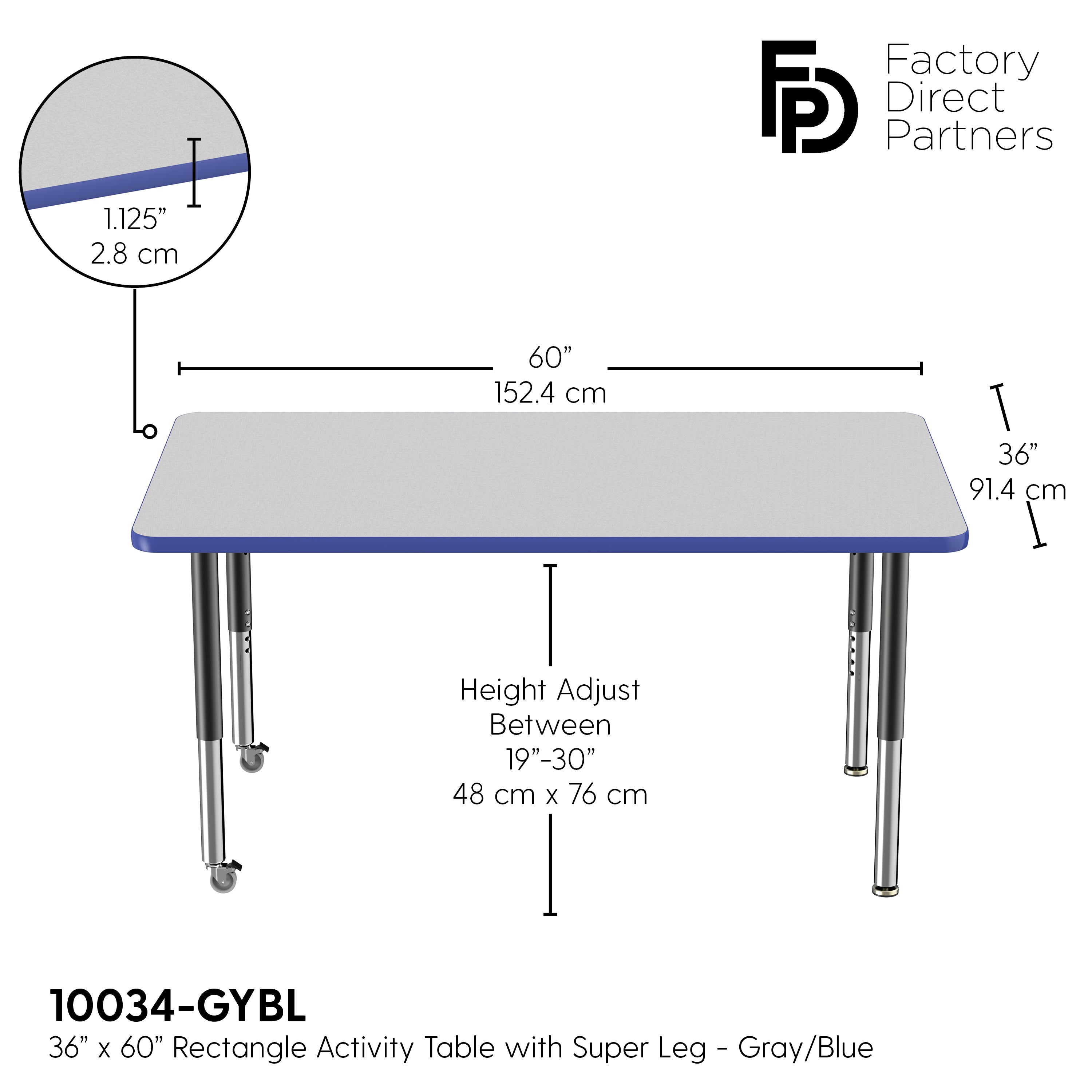 36" x 60" Rectangle T-Molding Activity Table with Adjustable Super Legs - Gray/Blue/Black