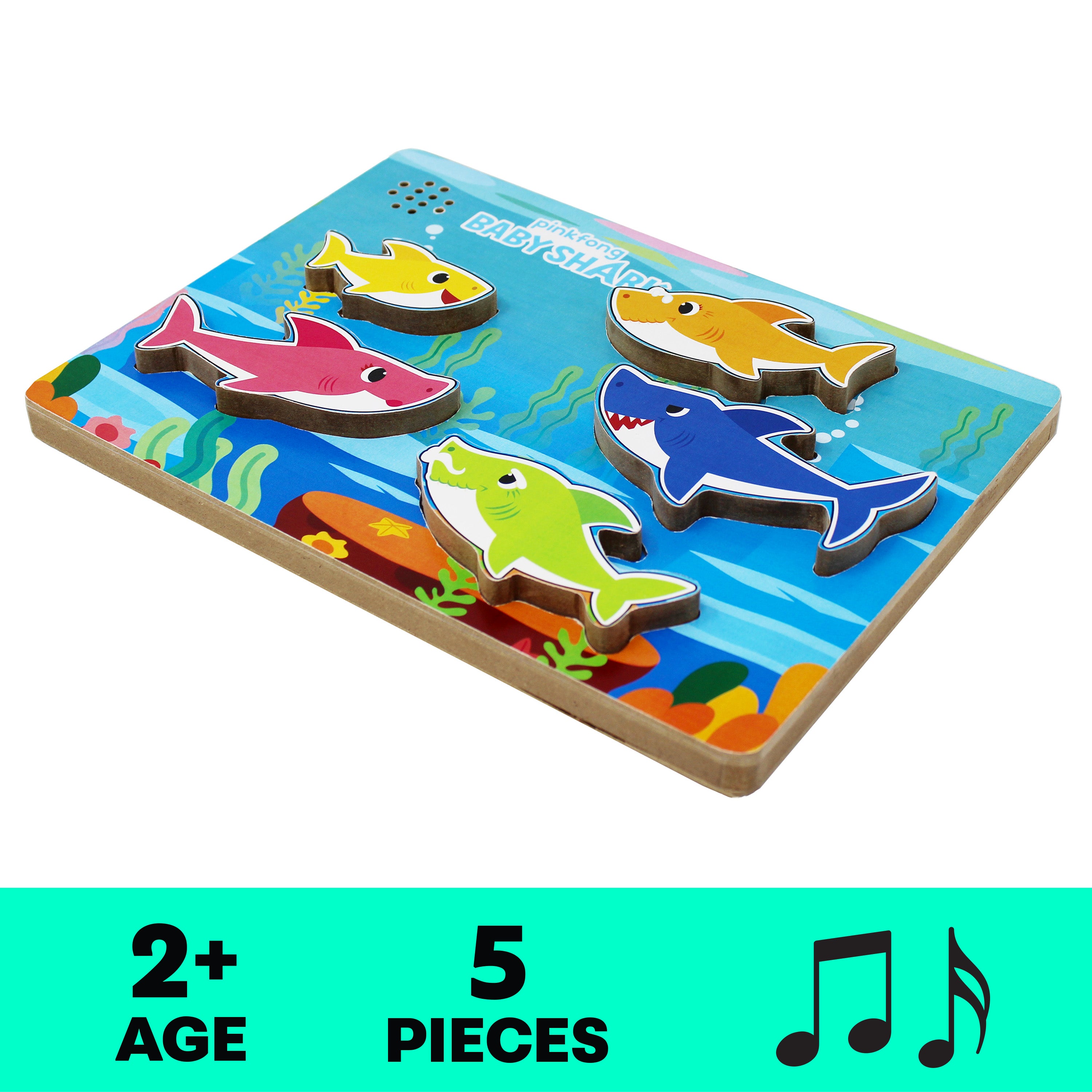 Spin Master Games, Pinkfong Baby Shark Musical Wooden Sound Puzzle, Plays Viral Song, 5 Pieces, Toddler Toys, for Ages 2 & Up