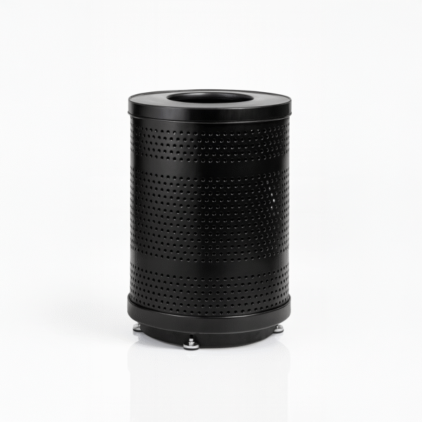 Outdoor Punched Steel Trash Can With Flat Lid, 32 Gallon Liner & Base