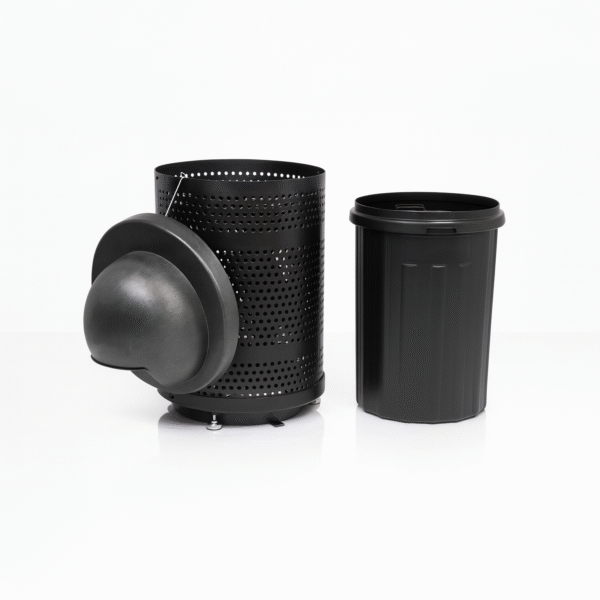 Outdoor Punched Steel Trash Can With Dome Lid, 32 Gallon Liner & Base