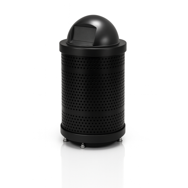 Outdoor Punched Steel Trash Can With Dome Lid, 32 Gallon Liner & Base