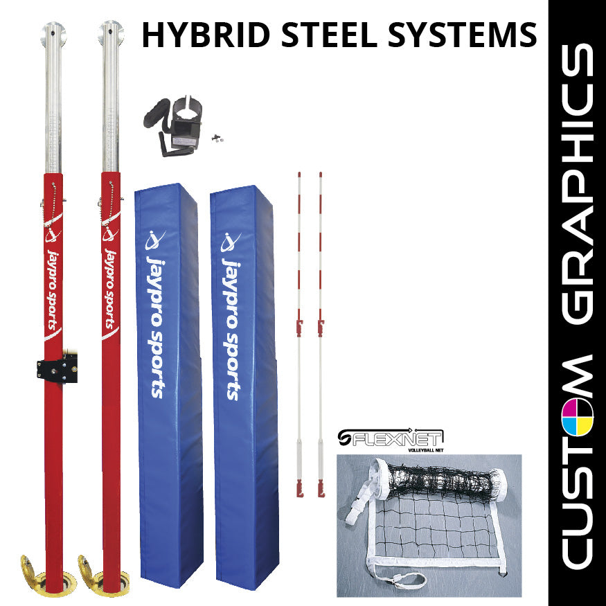 Hybrid Steel Volleyball Net System with Custom Graphics  (3 in. Floor Sleeve) - NFHS, NCAA, USVBA Compliant