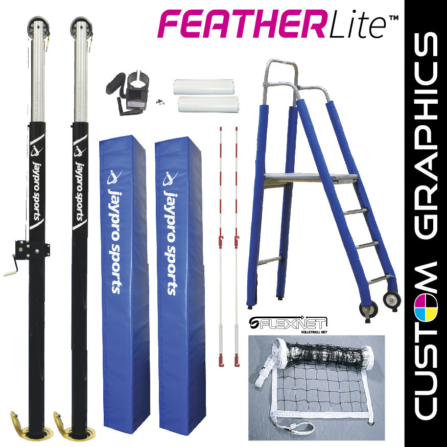 FeatherLite  Volleyball System Deluxe Package with Custom Graphics  (3-1/2 in. Floor Sleeve)  - NFHS, NCAA, USVBA Compliant