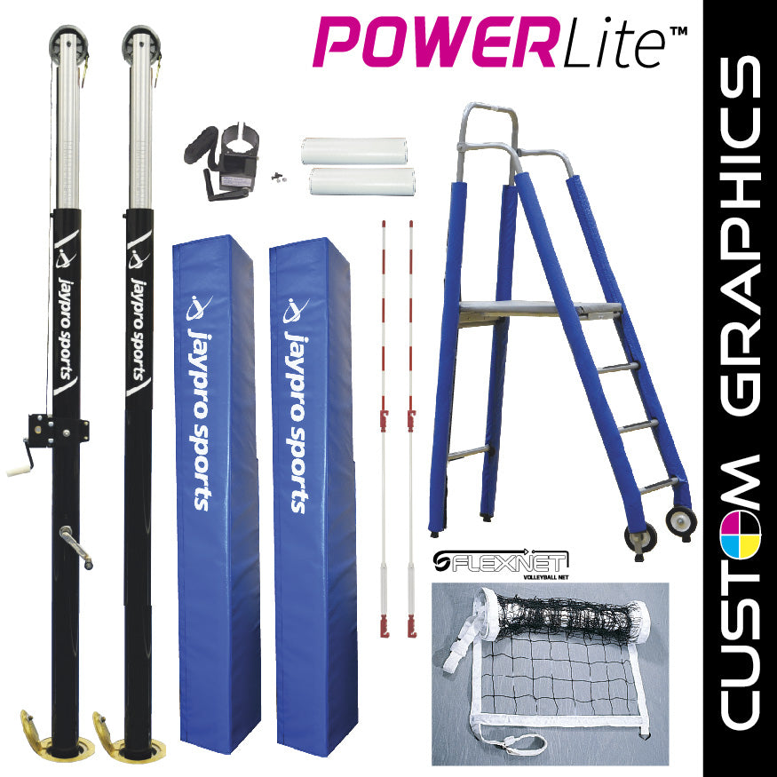 PowerLite   Volleyball System Deluxe Package with Custom Graphics  (3 in. Floor Sleeve) - NFHS, NCAA, USVBA Compliant