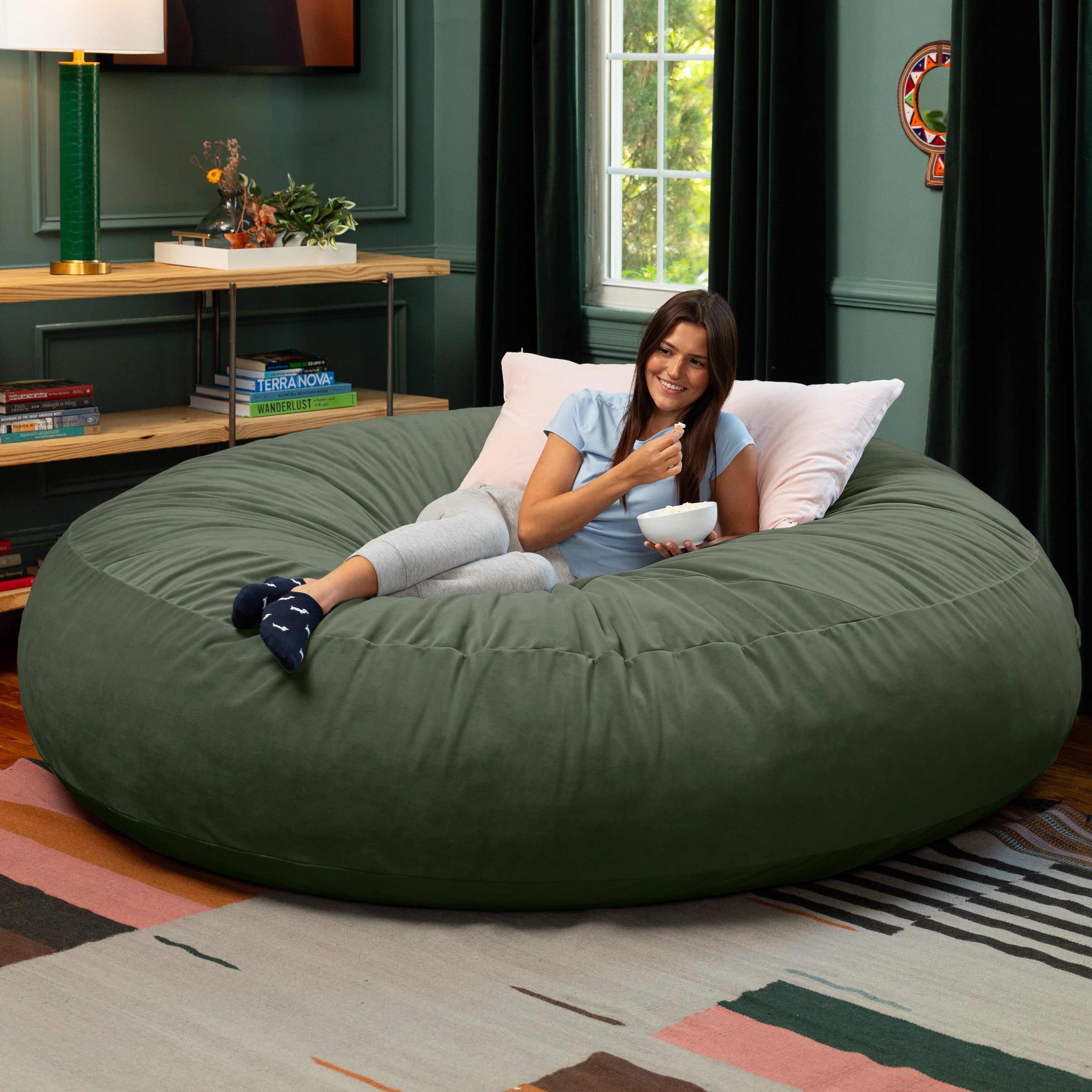 Jaxx 7 Foot Cocoon - 2-in-1 Convertible Bean Bag Bed & Large Bean Bag Chair for Adults, Lush Velvet Green