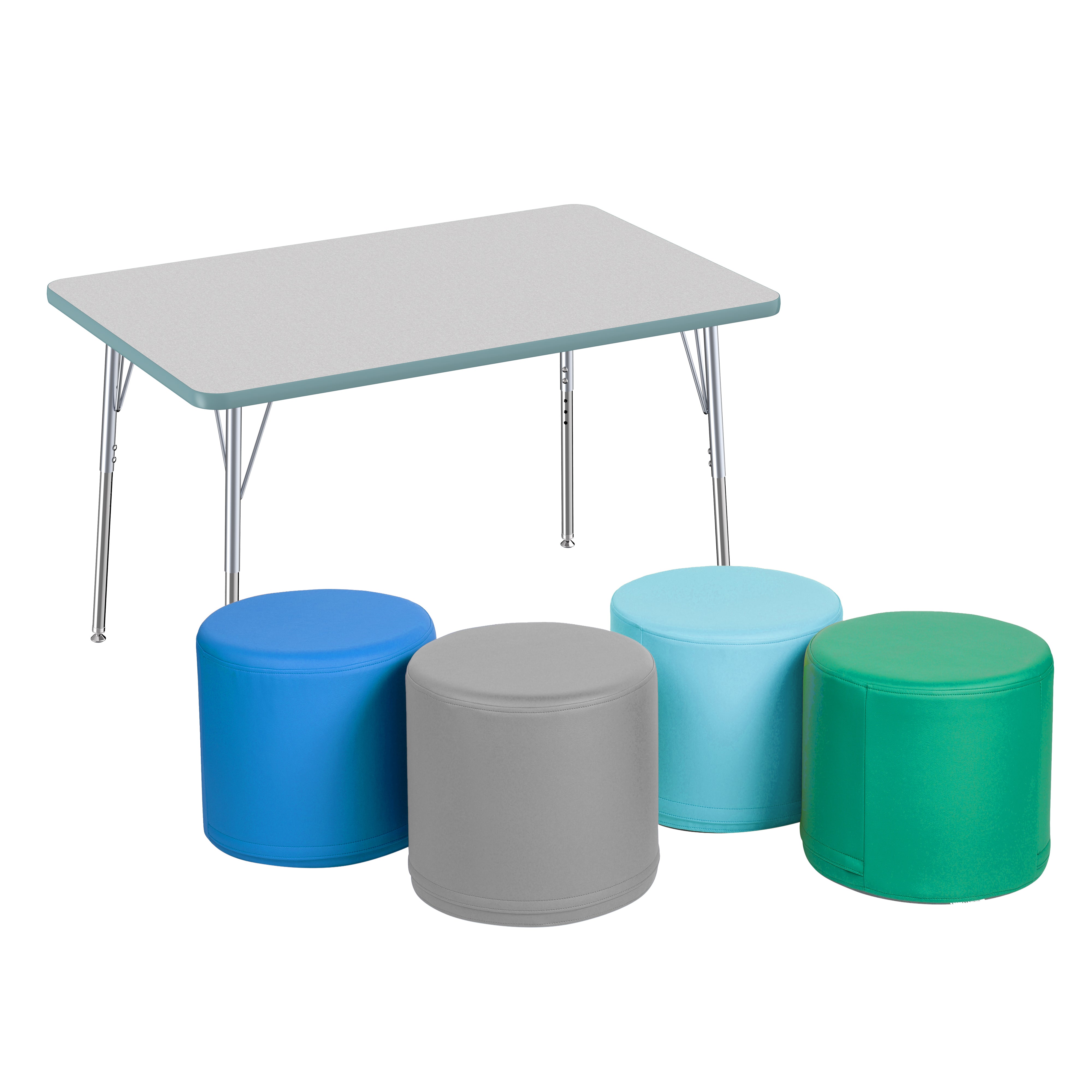 30" x 48" Rectangle Thermofused Activity Table with Standard Swivel Legs and Round Ottomans 16" Height, 5-Piece Set - Gray/Seafoam/Silver/Contemporary