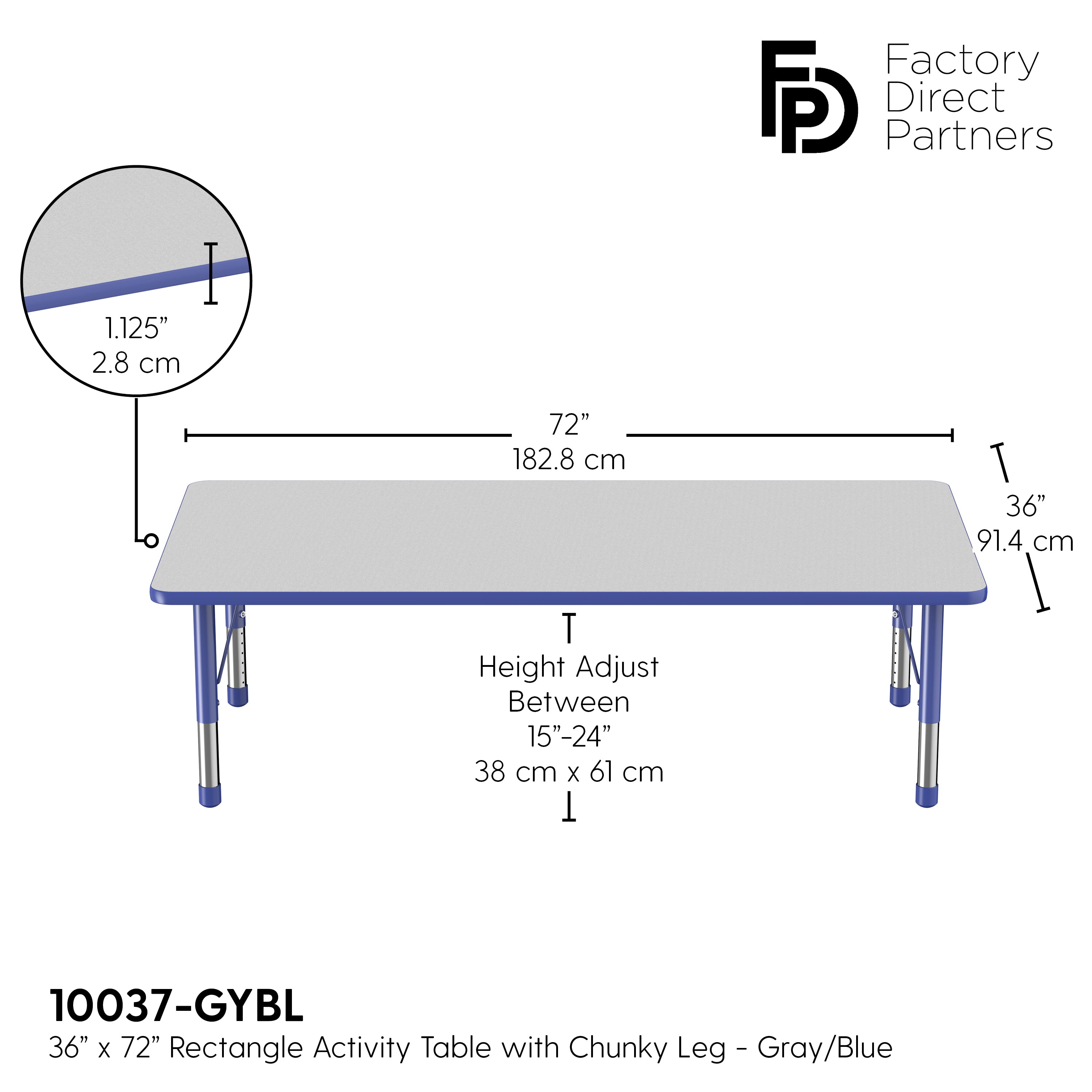 36" x 72" Rectangle T-Molding Activity Table with Adjustable Chunky Legs - Gray/Blue