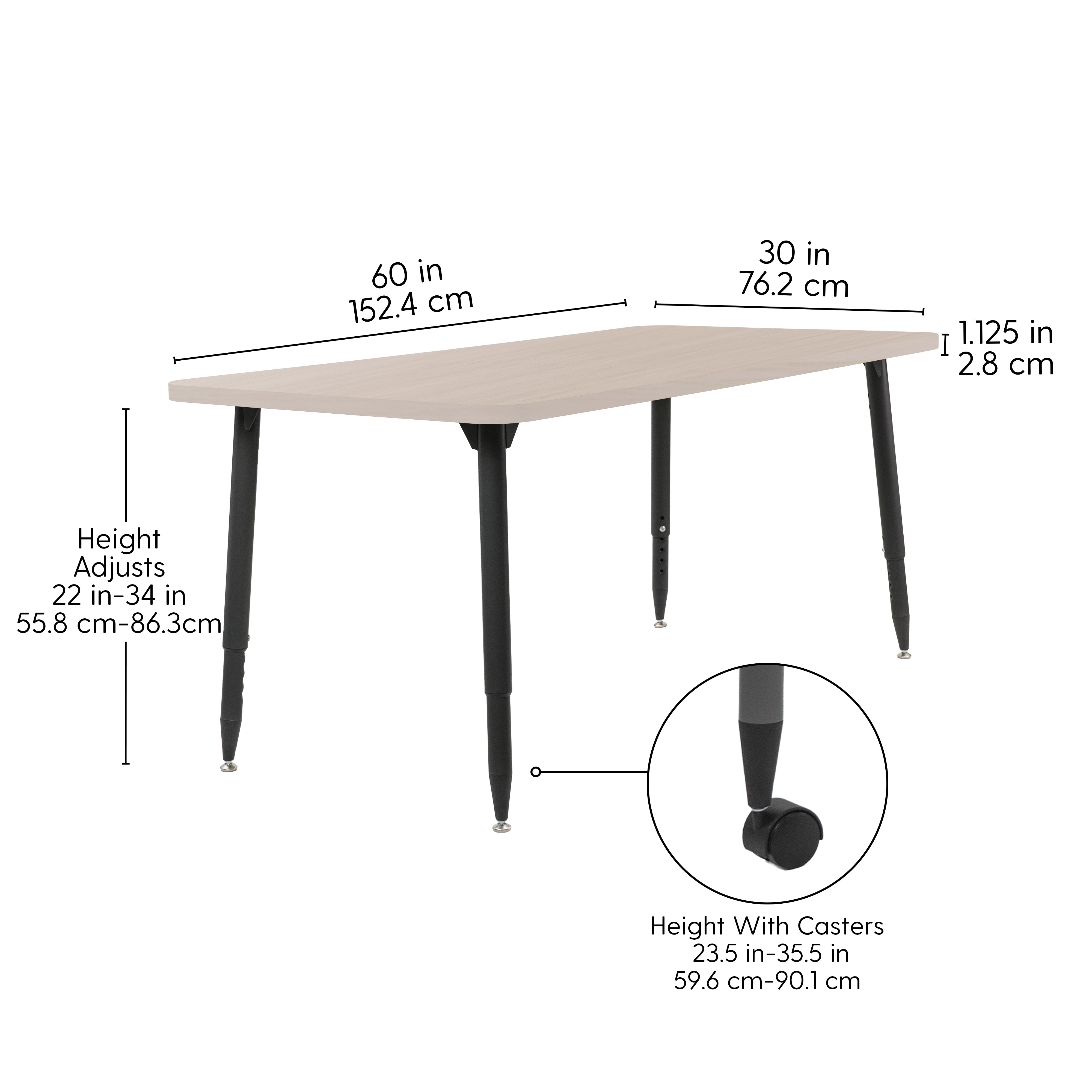 Adapte 30" x 60" Rectangle Woodgrain Activity Table with Adjustable Tapered Legs - Asian Sand/Black
