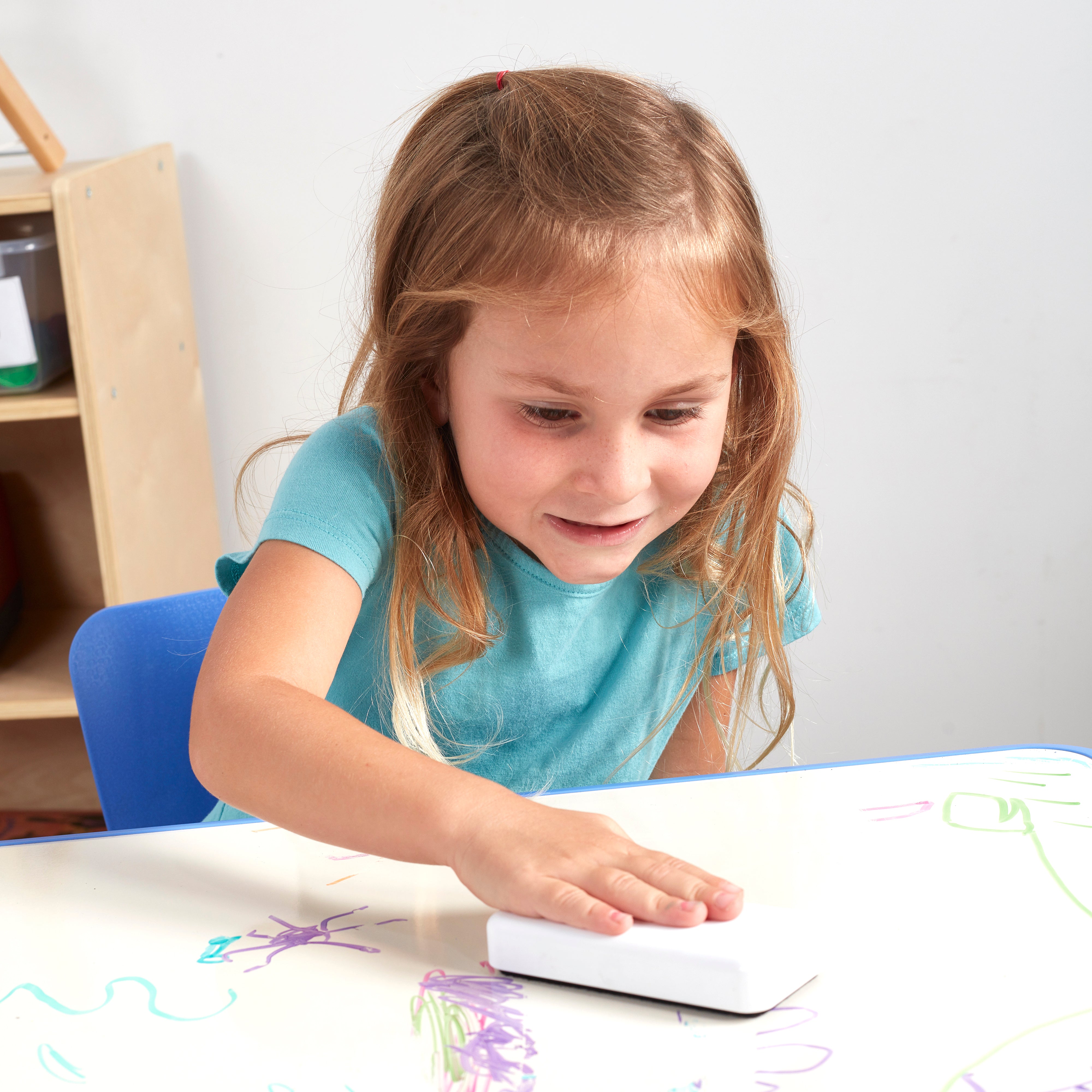 23in x 23in Square Dry-Erase Activity Table and 2 Adjustable Height Plastic Chairs - Blue