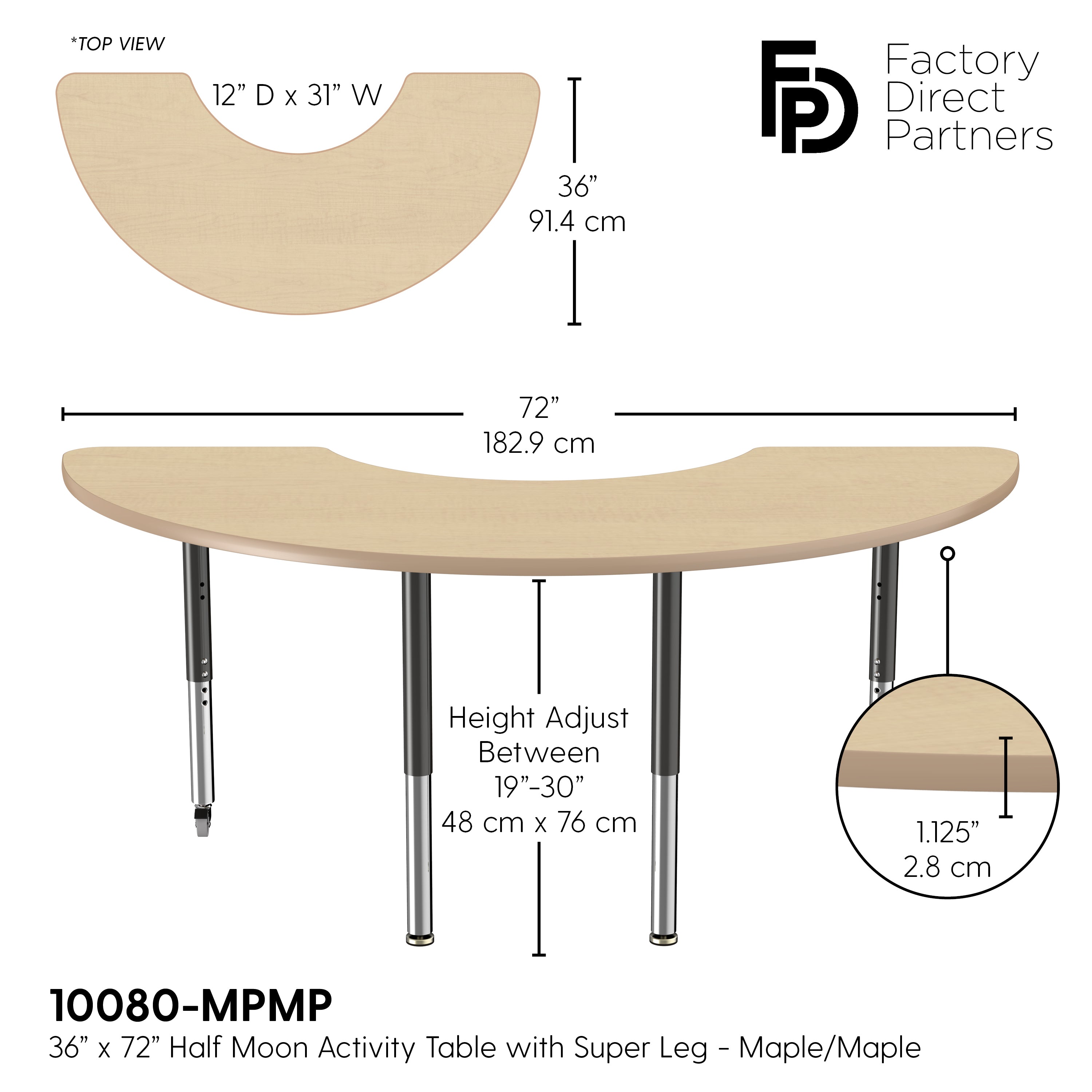 36" x 72" Half Moon T-Molding Activity Table with Adjustable Super Legs - Maple/Maple/Black