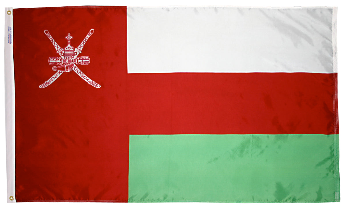 Oman Flag 2x3 ft. Nylon SolarGuard Nyl-Glo 100% Made in USA to Official United Nations Design Specifications.